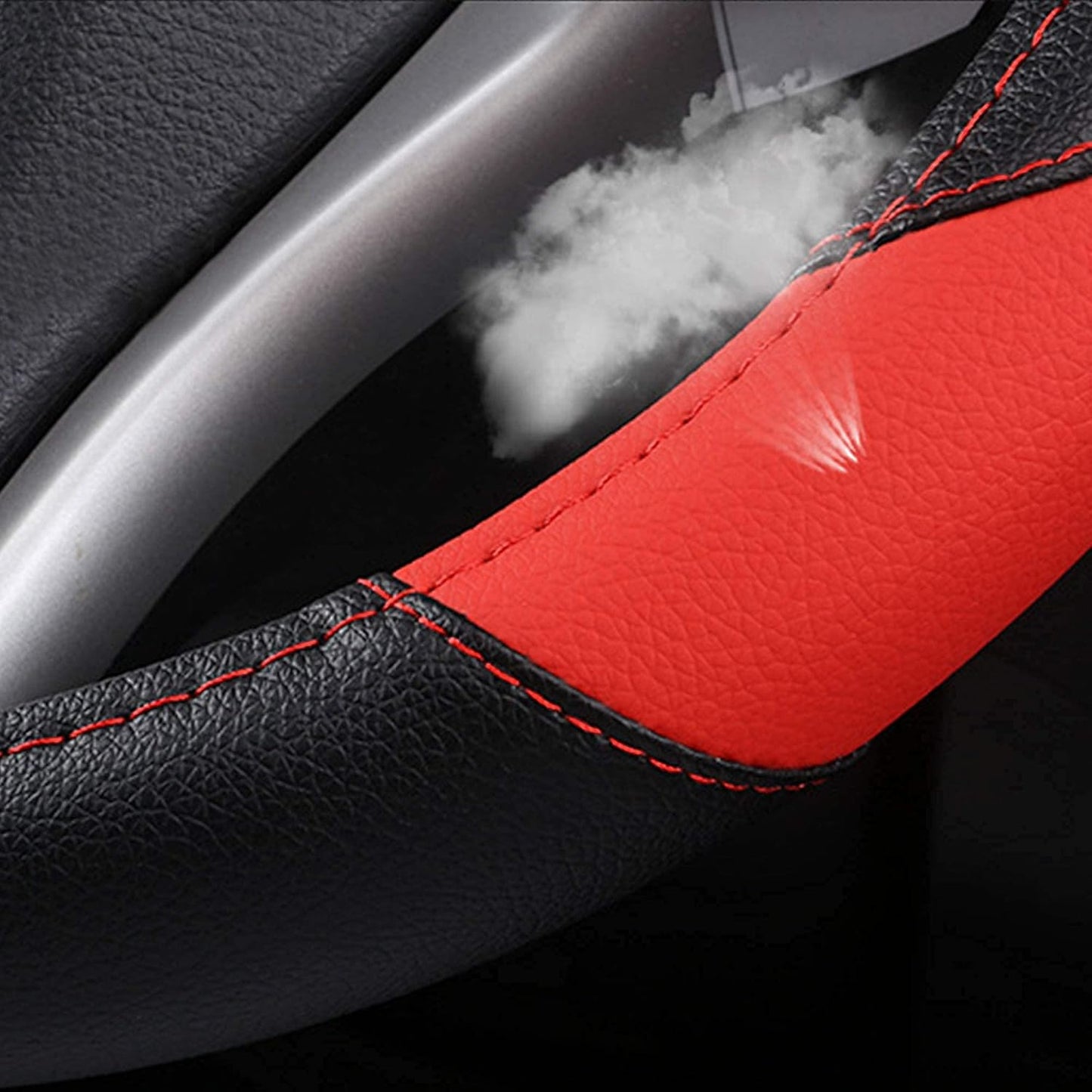 Leather Car Steering Wheel Cover, Non-Slip Car Wheel Cover Protector Breathable Microfiber Leather Universal Fit for Most Cars (Black & Red)
