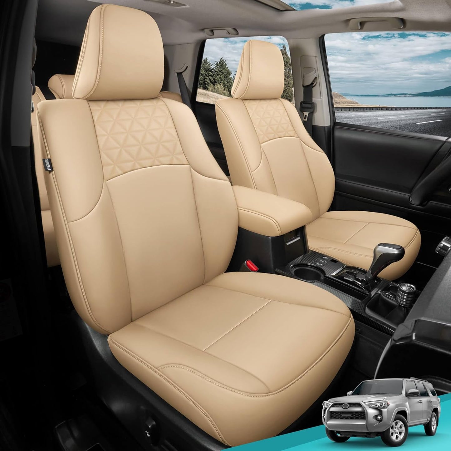 Seat Covers for Toyota 4Runner 2011-2024, Faux Leather Car Seat Cover Full Set, 2-Row-Only for 5 Seats Version-Beige