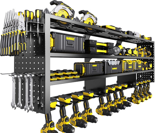 Large Power Tool Organizer Wall Mount, 4 Layer 49" W Heavy Duty Metal Tool Storage Rack with 12 Drill Holder, Utility Racks for Garage Workshop, Ideal Garage Organization Gifts for Men