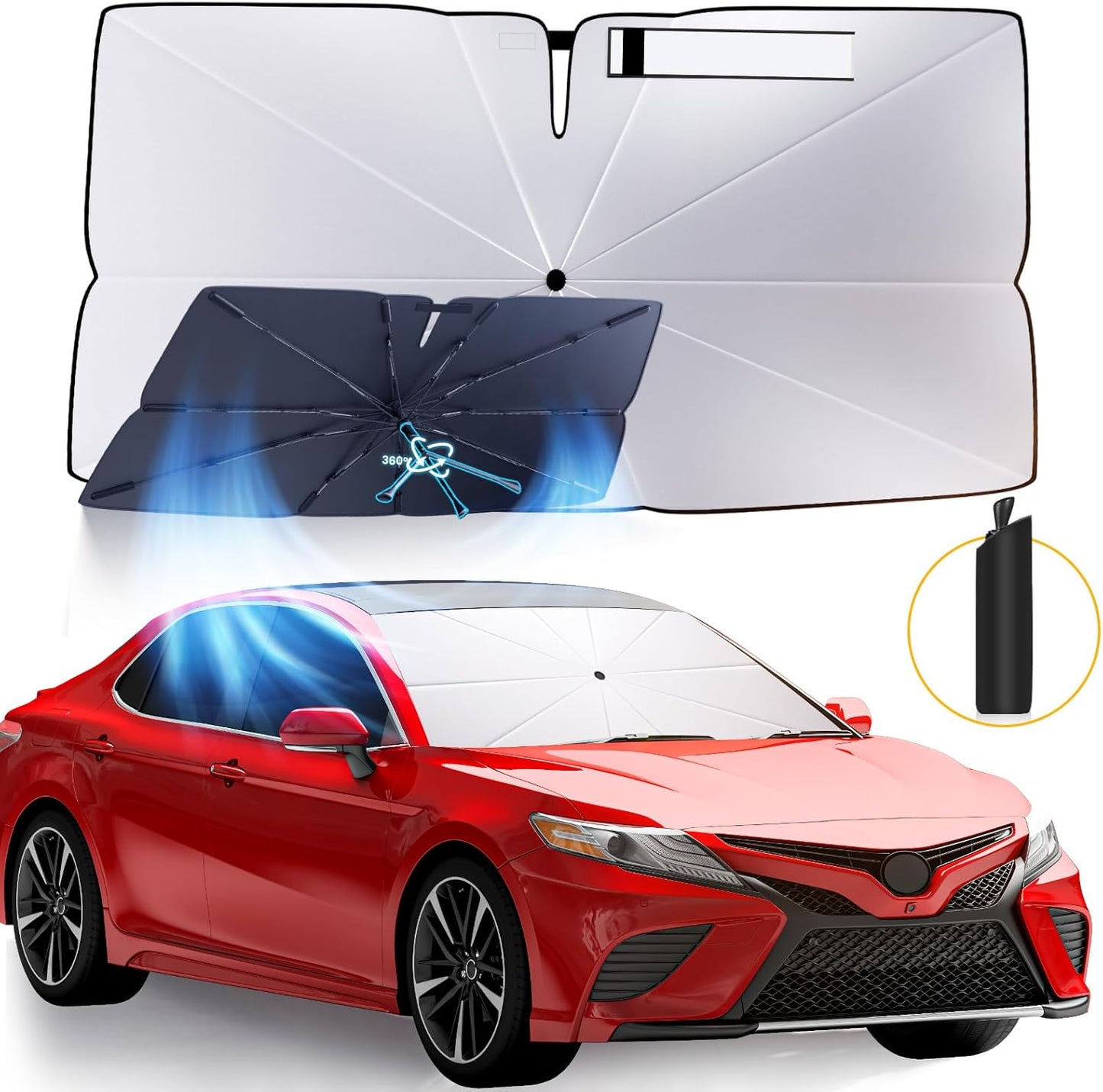 Windshield Sun Shade Umbrella: for Toyota Camry-2018-2024 2025 - Front Car Window Shades - Foldable Camry SE XSE LE XLE Hybrid Sunshades Block UV Keep Cool