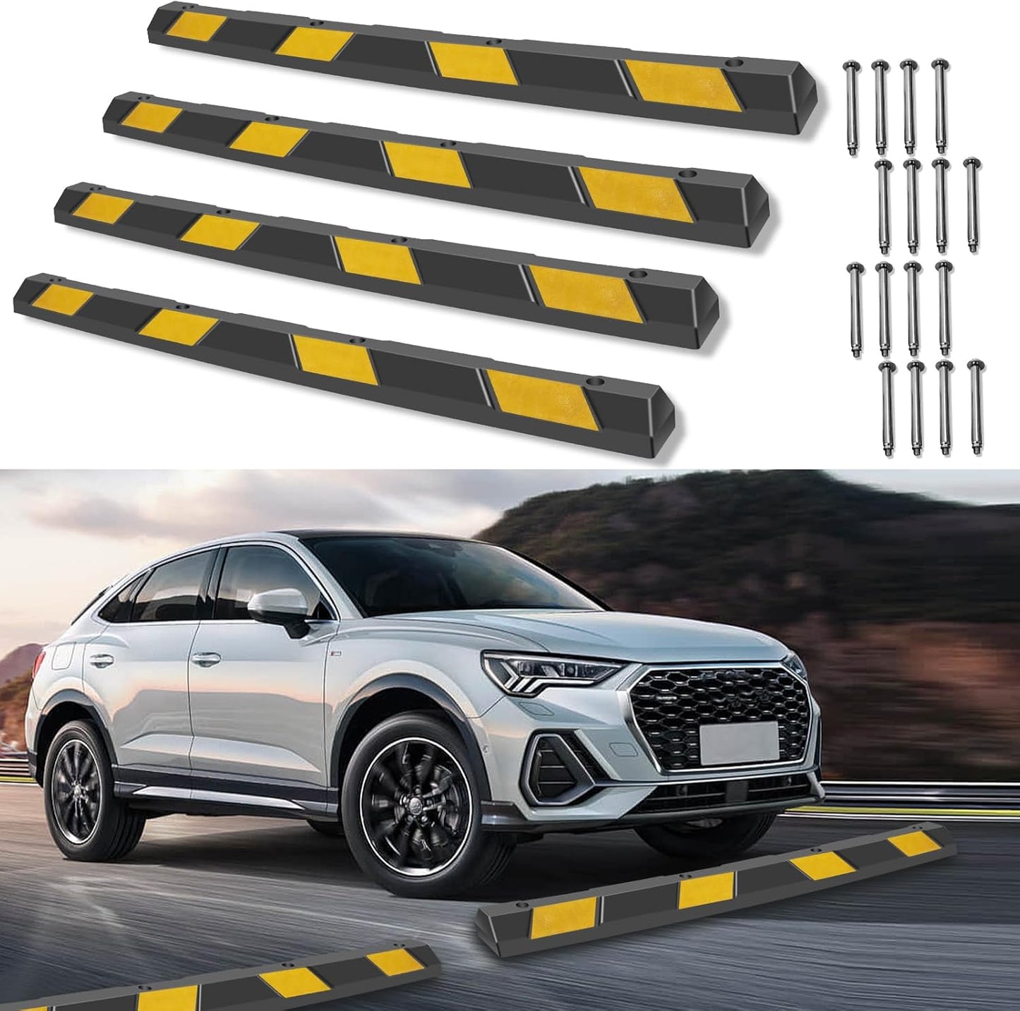 HAQQI 𝙃𝙚𝙖𝙫𝙮 𝘿𝙪𝙩𝙮 Rubber Parking Curb 72” for Garage, Car Parking Block Stop Stopper Bumpers Heavy Duty for Vehicles - 4 Pack