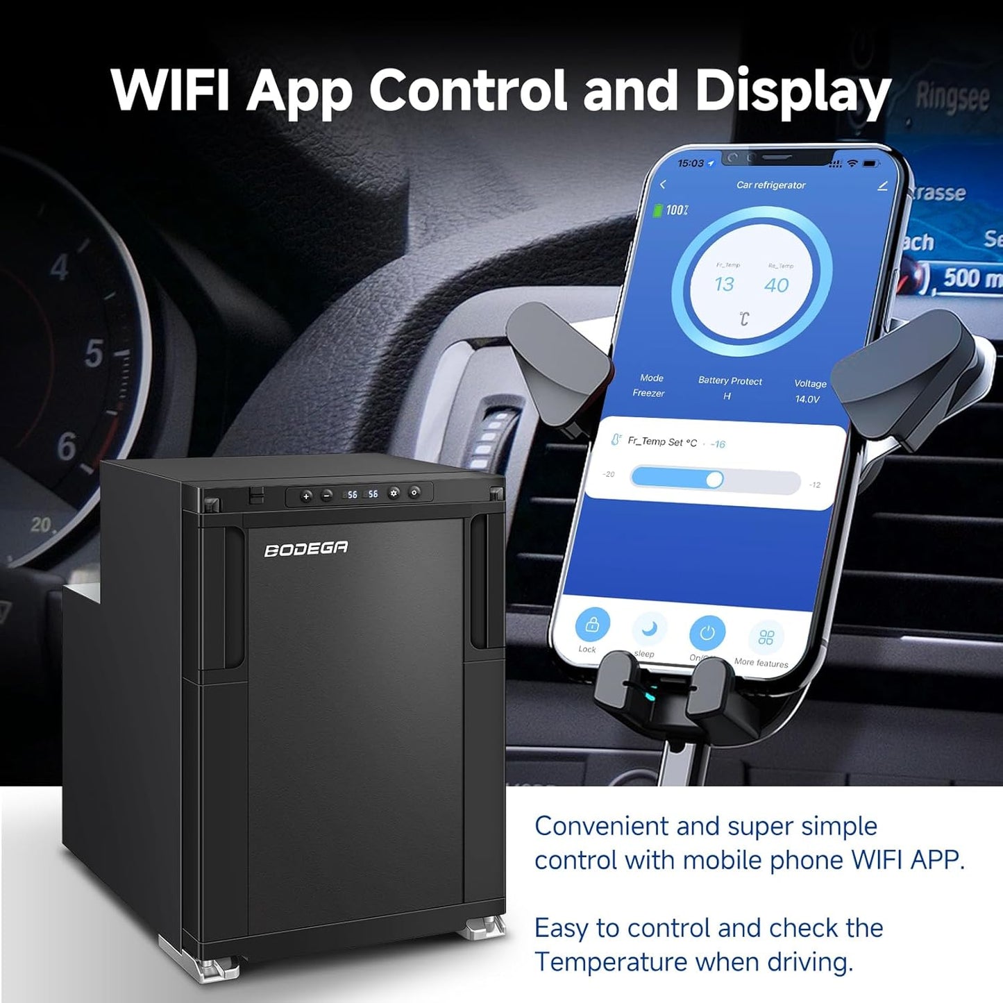 BODEGA [Upgraded 12 Volt Refrigerator, RV Refrigerator APP Control, 45L(1.6cu.ft) RV Fridge and Freezer, Electric Cooler with Lock, (-4℉-46℉) Fridge freezer 12/24V DC for Truck, RV, Camping, Travel