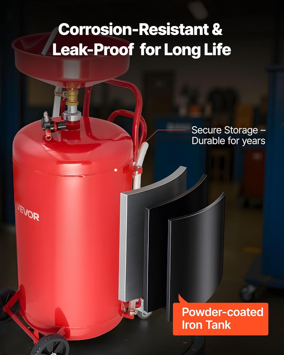 VEVOR 25 Gallon Waste Oil Drain Tank, Air Operated Portable Oil Drainer with Adjustable Funnel Height, Industrial Fluid Drain Tank with Wheels, Fluid Fuel Transfer Drainage for Auto Repair Shops, Red