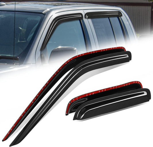 Auto Dynasty 4Pcs Carbon Fiber Pattern Window Visors Compatible with 2000-2004 Nissan Frontier Crew Cab, Tape-On Front & Rear Window Deflectors Rain Guards Sun Wind Air Side Vent Shade, Glossy Black