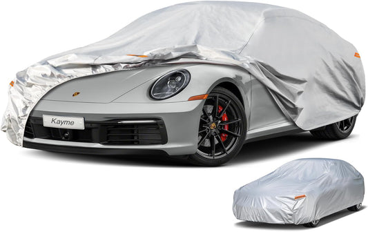 Kayme 6 Layers Car Cover Waterproof All Weather for Automobiles, Outdoor Full Cover Rain Sun UV Protection, Universal Fit for Porsche 911 996 997 991 992, Chevrolet Corvette, Acura NSX (178-185 inch)