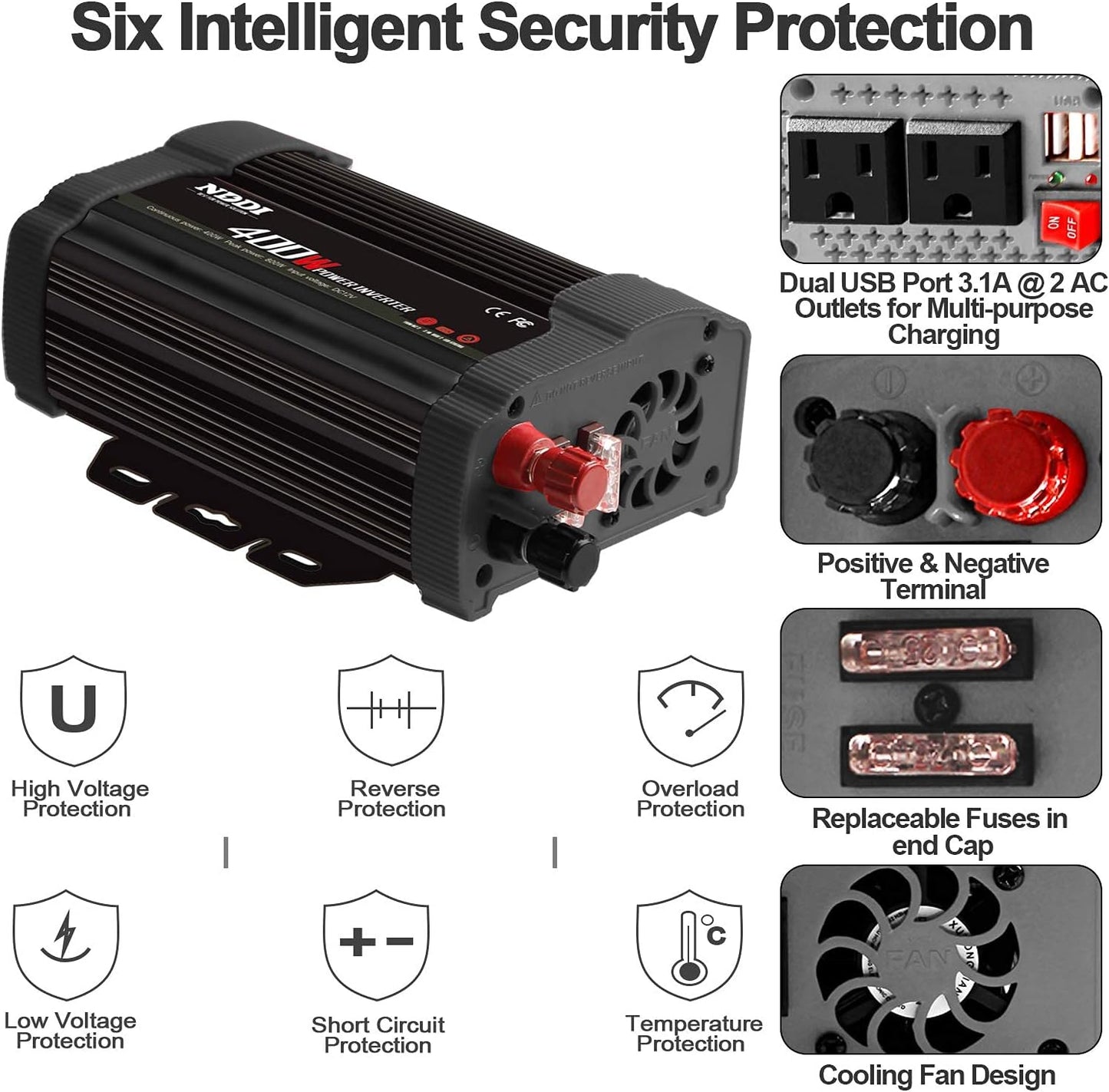 400W Car Power Inverter, DC 12V to 110V AC Converter with 2 Charger Outlets and Dual 3.1A USB Ports Cigarette Lighter Socket Adapter(Black)