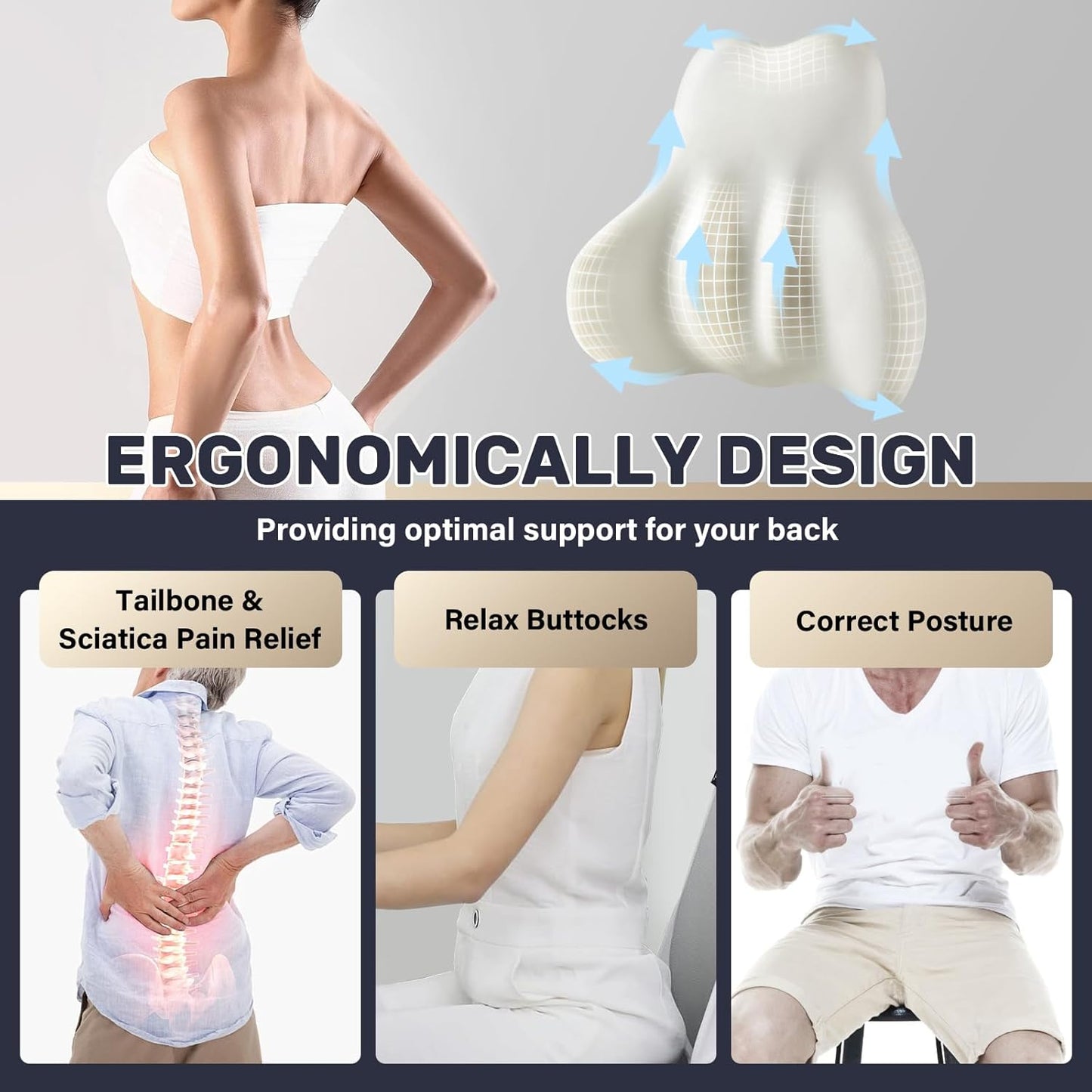 Coverado Lumbar Support Pillow for Car, Ergonomic Memory Foam Back Pillow for Office Chair, Back Cushion for Back Pain Relief, PU Leather Car Lumbar Support for Driving Seat - Beige