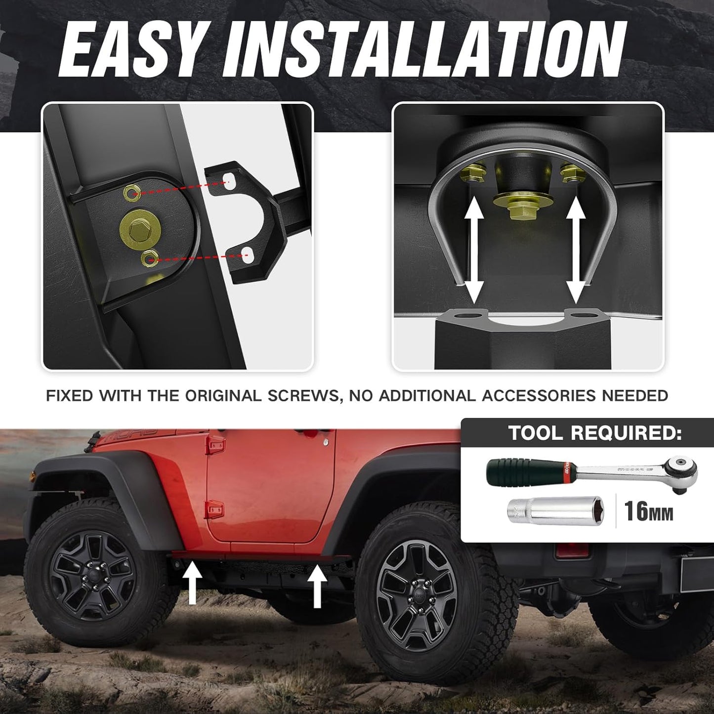 for Jeep JK Running Boards Drop Side Steps Compatible with 2007-2018 Jeep Wrangler JK 2 Doors, Heavy-Duty Steel Nerf Bars Step Plates Rock Sliders Rails (Off-Road, Black)