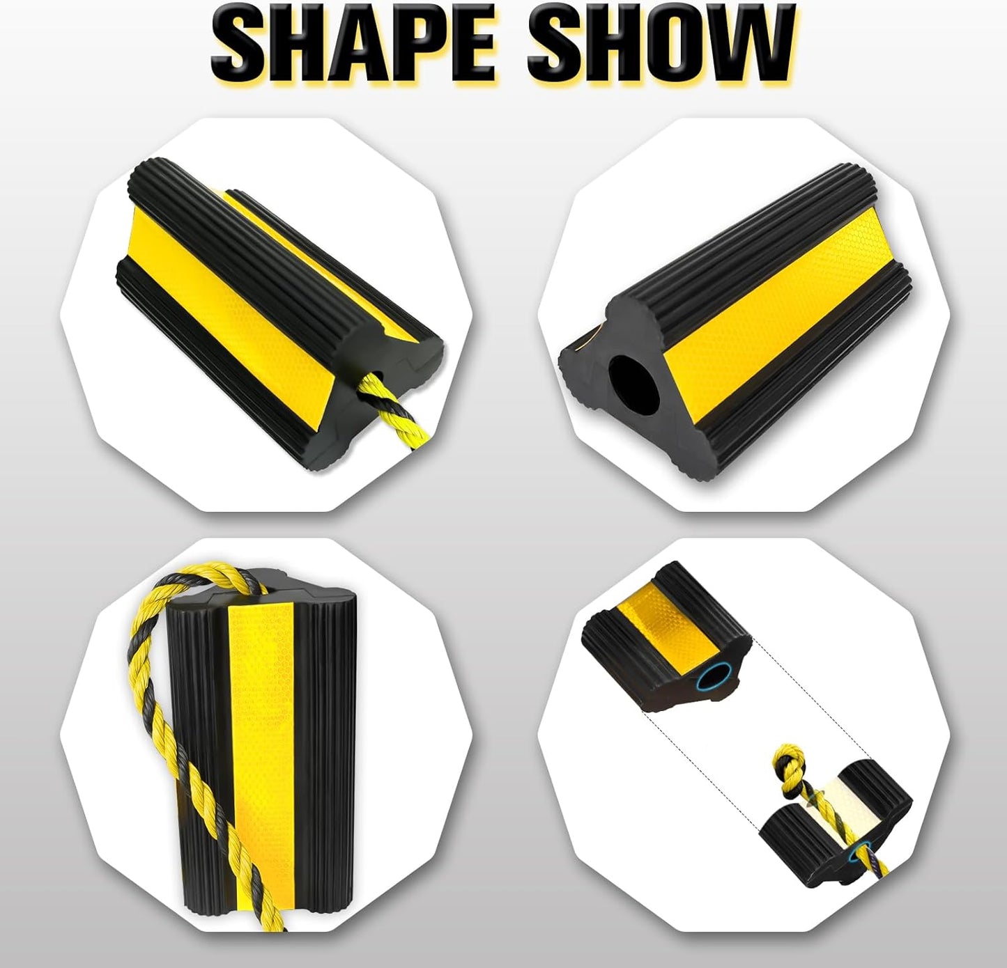 Heavy-Duty Wheel Chocks with Extra-Long Safety Rope (86") - 2-Pack Reflective Rubber Blocks for Trailers, Trucks, Campers & Garage Use (4pair/8pack with Rope)