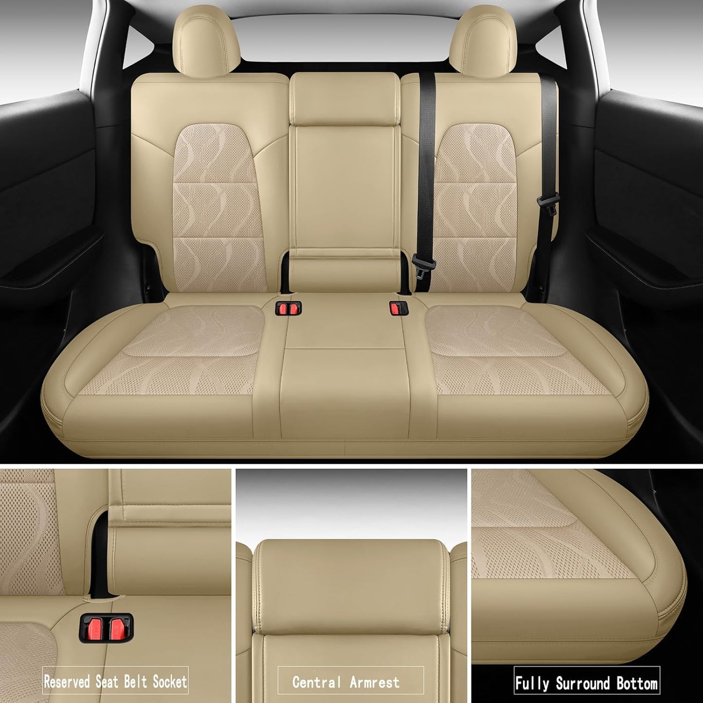 Tesla Model Y Seat Cover Full Set, Faux Leather Tesla Car Seat Cover, Perfect Suitable for Tesla Model Y 2020 2021 2022 2023 2024 2025 (Beige)