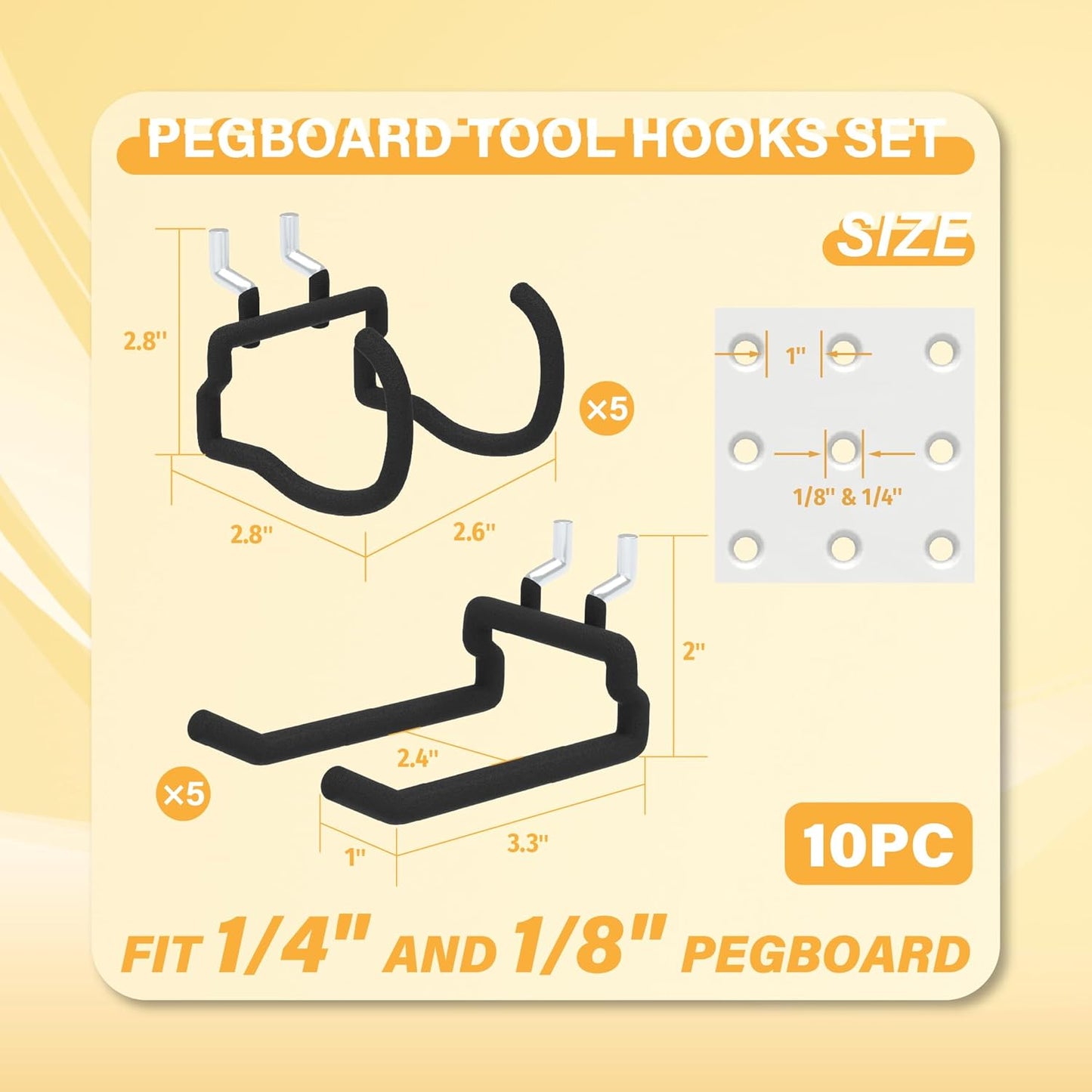 Heavy Duty Pegboard Hooks 10PC - Black Peg Board Hooks for Hanging Tools, Drill Holder, Only Fits 1/4" Peg Board, Ideal for garages, workshops, Craft Rooms, Retail Stores
