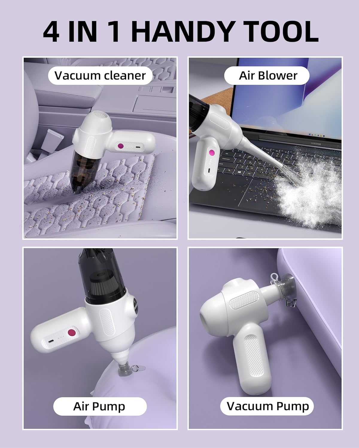 Car Vacuum V6 Pro, Cordless Handheld Vacuum with 8000Pa Suction, 4 in 1 Mini Air Duster for Office, Home, Color White