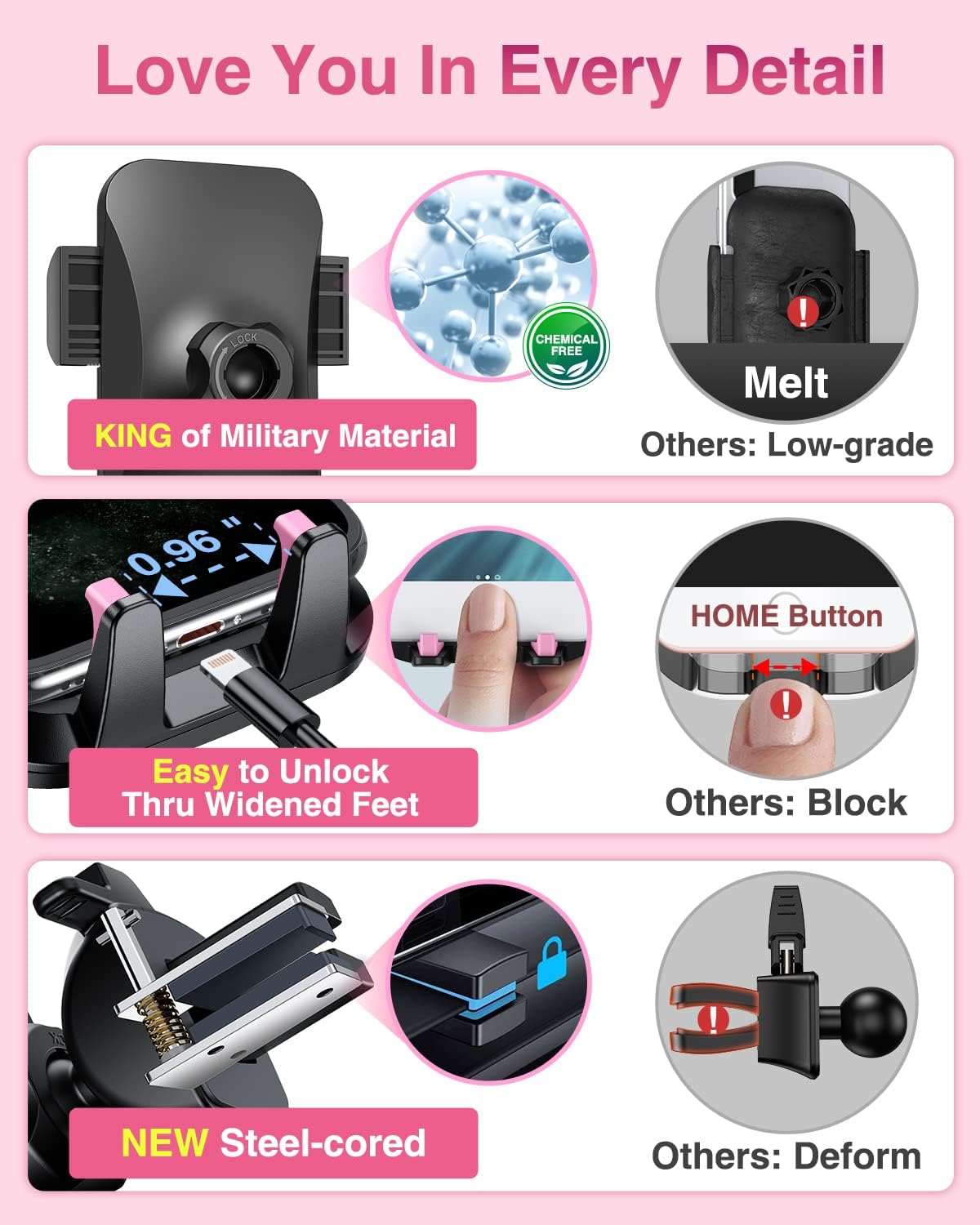 VANMASS 2025【Strongest Suction & Military-Grade】 Car Phone Mount 【Patent & Safety】Ultimate Cell Phone Holder Handsfree Stand for Dash Windshield Vent for iPhone 16 15 Pro Max 14 Android & Truck, Pink