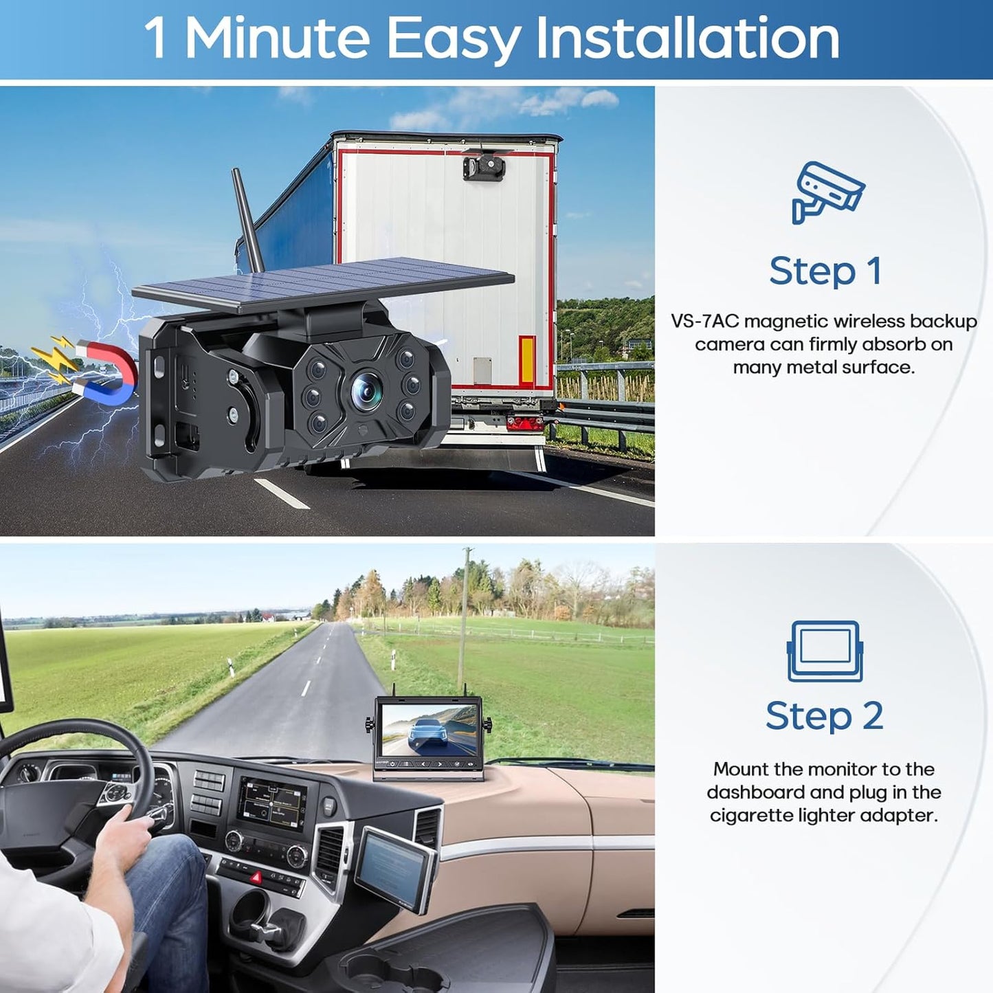 Magnetic Solar Wireless Backup Camera No Installation VASTEND 1080P 7'' RV Backup Camera with 10000mAh Rechargeable Battery for Box Truck Trailer Camper Car Caravan Rearview Reversing Camera (VS-7A)