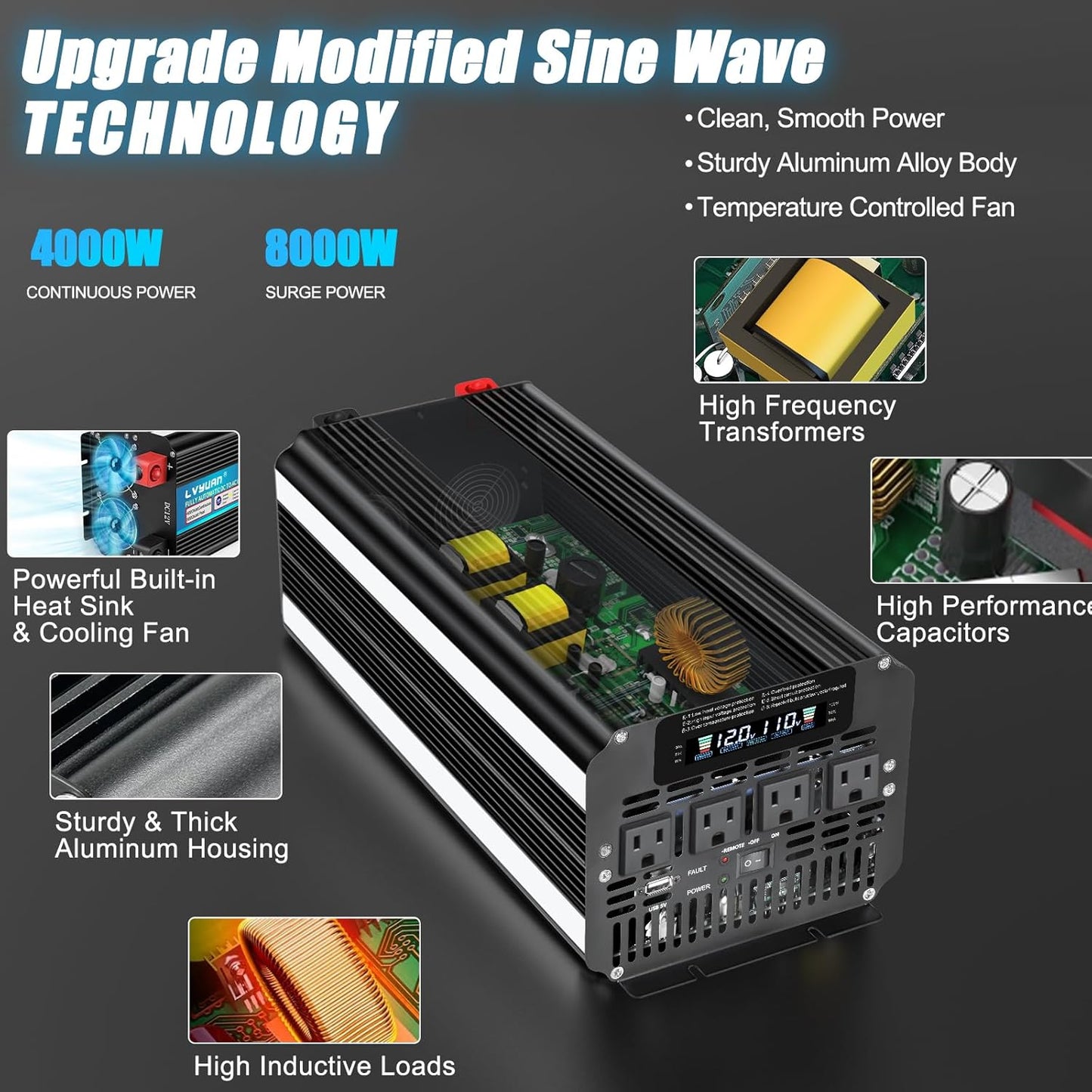 LVYUAN 4000 Watt Power Inverter 12V to 110V 120V for Vehicle, Solar Inverter System, Heavy Duty, RV, Truck, Off Grid,Camping with 4 AC Outlets, LCD Display, Wireless Remote Control, Car Power Inverter