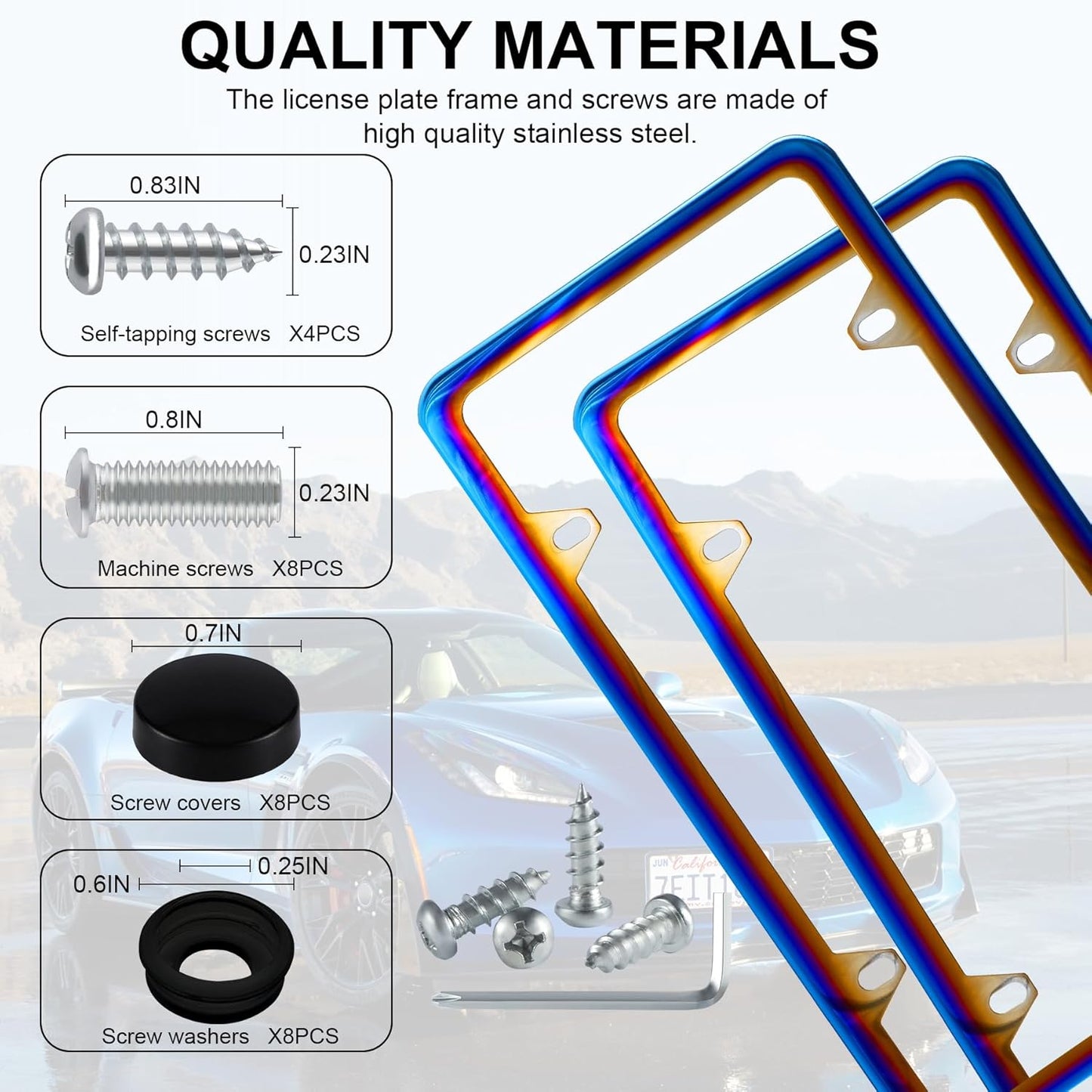 LivTee 4 Holes Stainless Steel License Plate Frames, 2 PCS Car Licence Plate Covers, Automotive Exterior Accessories Slim Design with Bolts Washer Caps for US Vehicles, Colorful