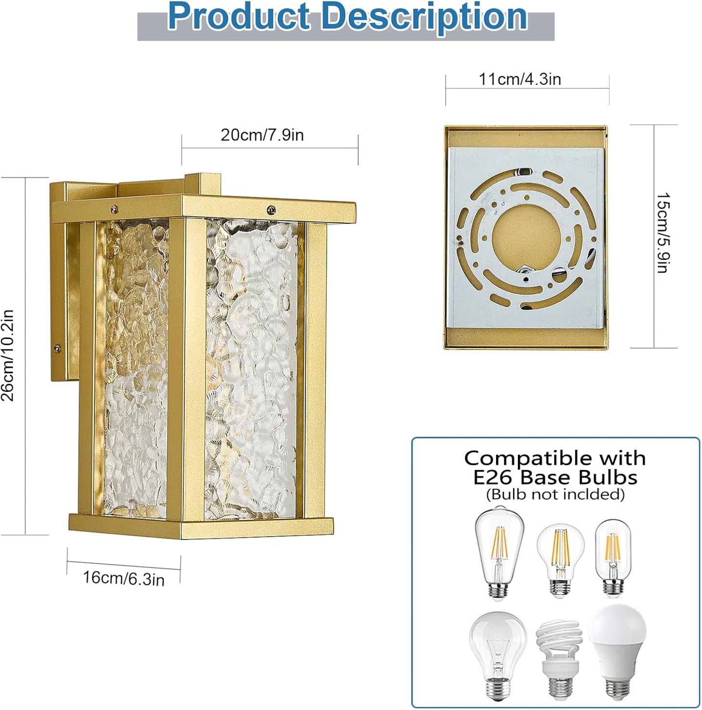 Outdoor Wall Sconce E26 Base Metal Frame - Gold Exterior Light Fixture with Clear Glass, Waterproof Porch Wall Mount Lighting for Garage, Patio(Bulb not Included)