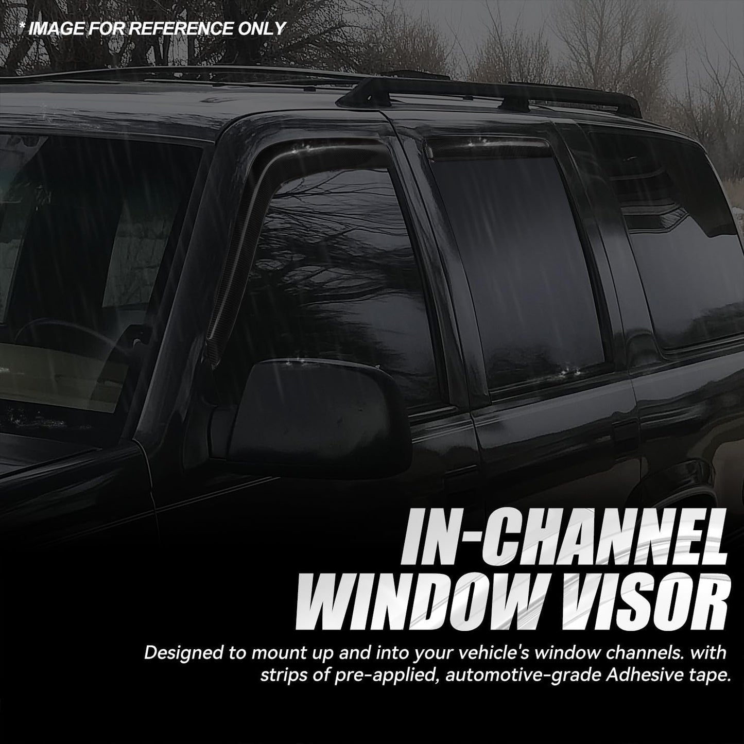 Auto Dynasty 4Pcs Carbon Fiber Pattern Window Visors Compatible with 1992-2000 Chevy Tahoe GMC Yukon 4-Dr Suburban C/K Series Crew Cab, Tape-On Front & Rear Window Deflectors Rain Guards, Glossy Black