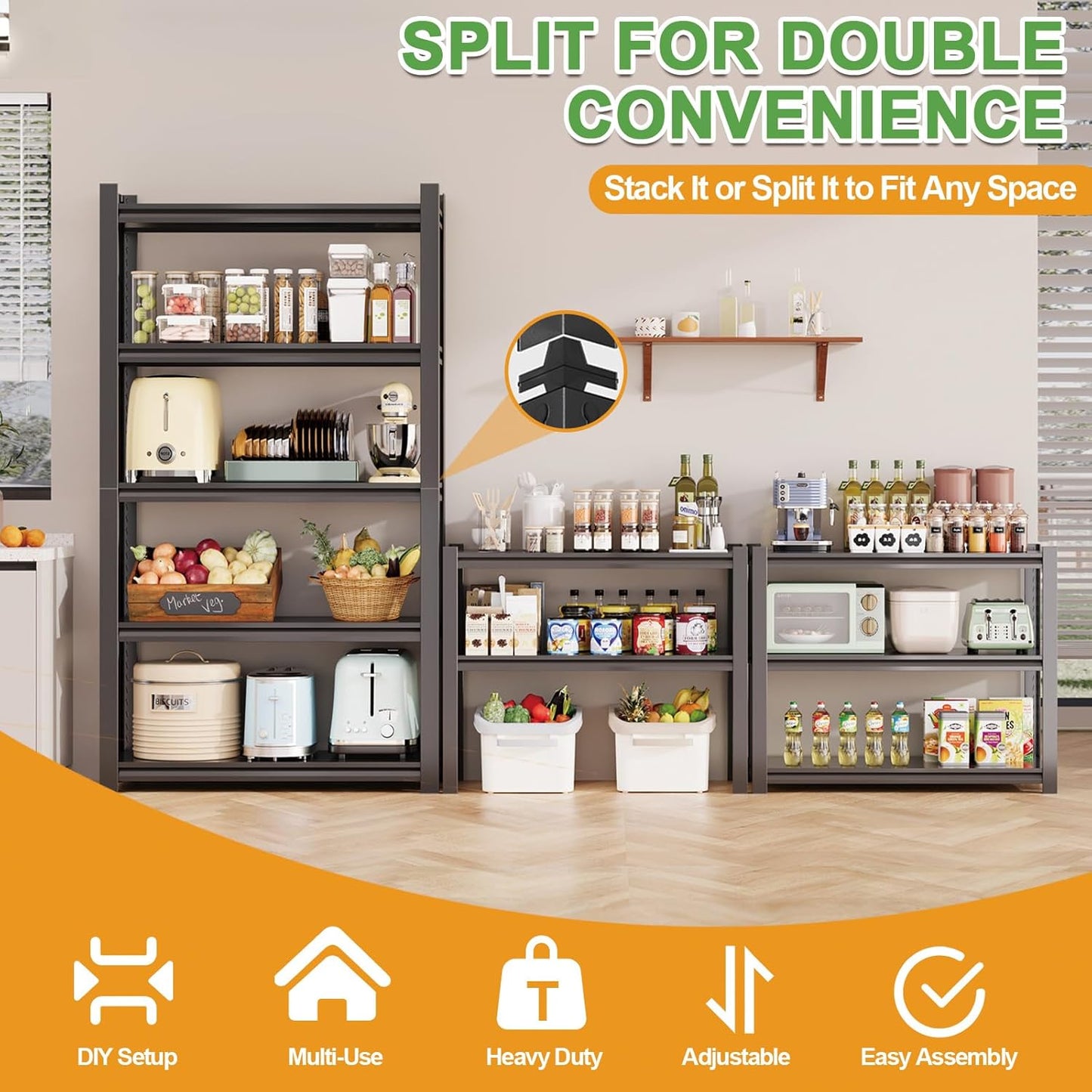 63H Metal Kitchen Storage Shelves, 1600 LBS Heavy Duty Garage Shelving Unit, 5-Tier Adjustable Pantry Shelves, Food and Beverage Storage Rack, Appliance Storage Utility Shelf for Balcony - Black