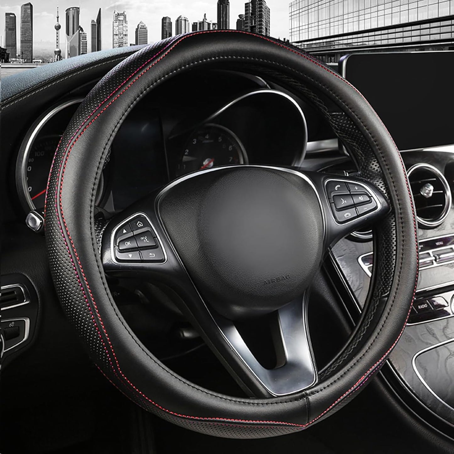 High-Grade Real Cowhide Steering Wheel Cover for Men Women，Black Genuine Leather Steering Wheel Cover for Cars,Universal 14.5-15 inch Steering Wheels