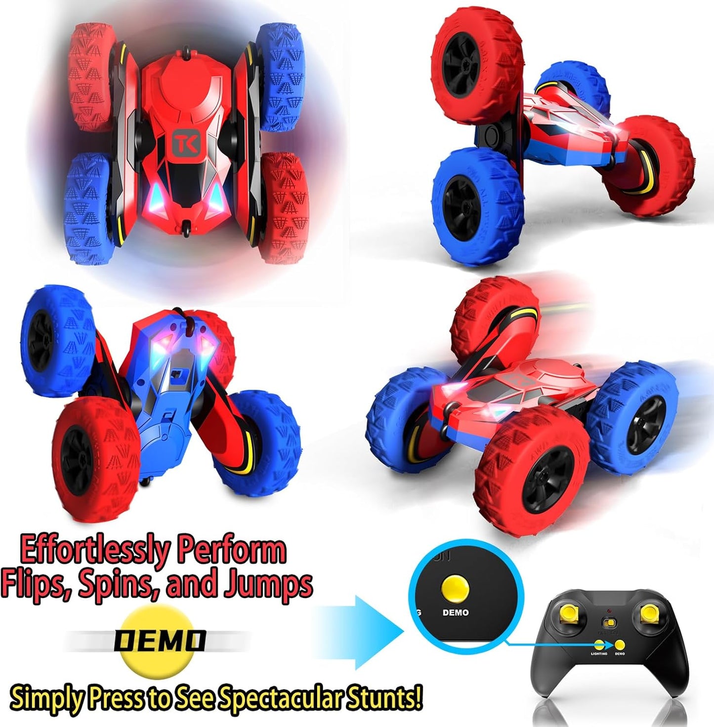 Threeking RC Stunt Car Remote Control Cars with Lights Double-Sided Driving Indoor Outdoor Toys Gifts Presents for 6 7 8 9 10 11 12 Year Old Kids Boys Girls