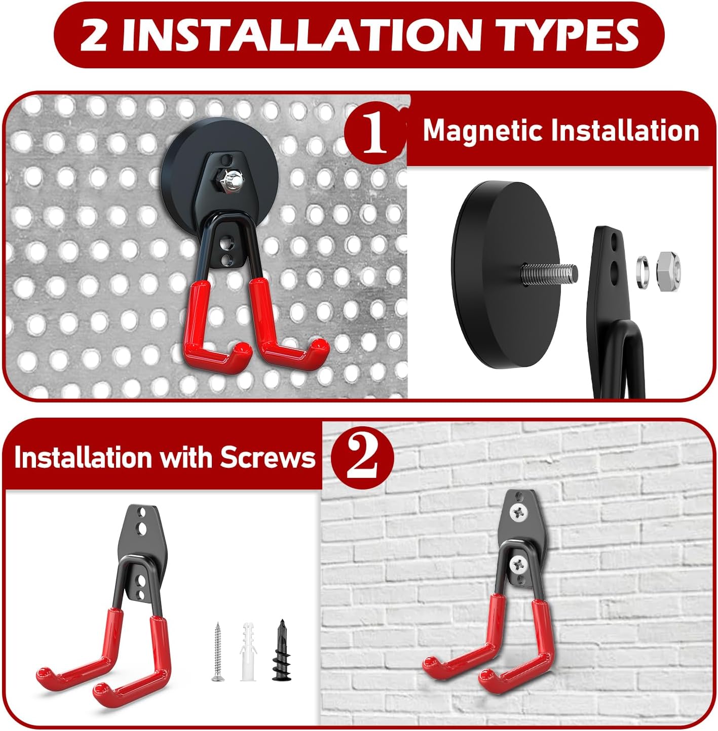 3-H Heavy Duty Magnet Garage Hooks 4 Pack, Large Strong Magnetic Hooks for Hanging Cordless Power Drill, Utility Magnetic Tool Holder for Metal Cabinet, Steel Pegboard, Toolbox, Garage(Red)