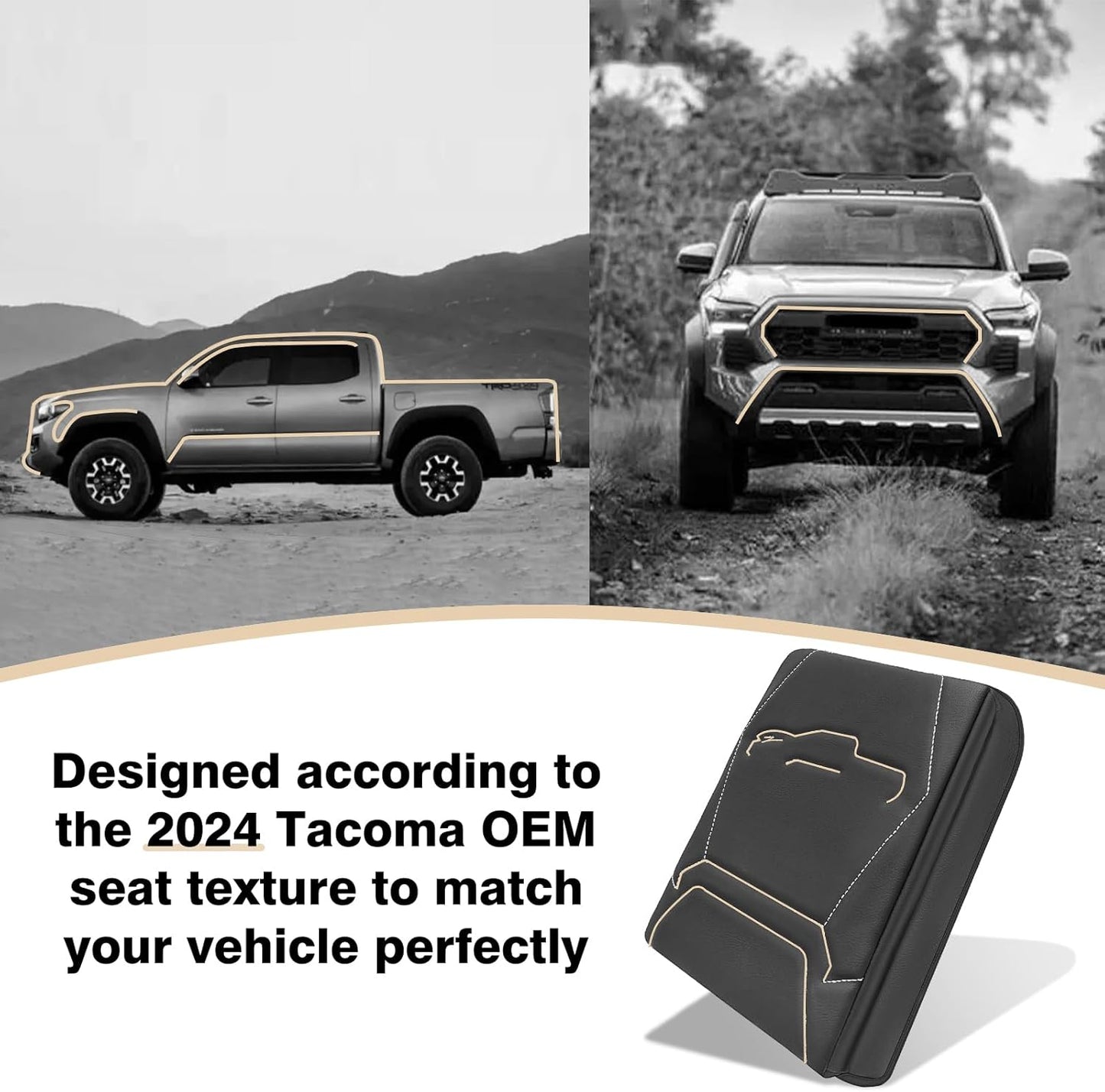 Muslogy Center Console Armrest Cover Compatible with 2024+ Toyota Tacoma 2025+ 4Runner Accessories Armrest Lid Protector Vegan Leather Cushion 1-Inch Extra Thick(Black/Gray Stitching)