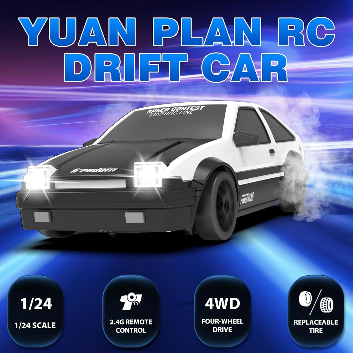 RC Drift Car 1/24 2.4GHz Remote Control Cars, 4WD High Speed Drift RC Cars with Cool LED Lights, Extra Drifting Tires Racing Toys Car with Two Batteries for Kids Boys Girls Adults (White)