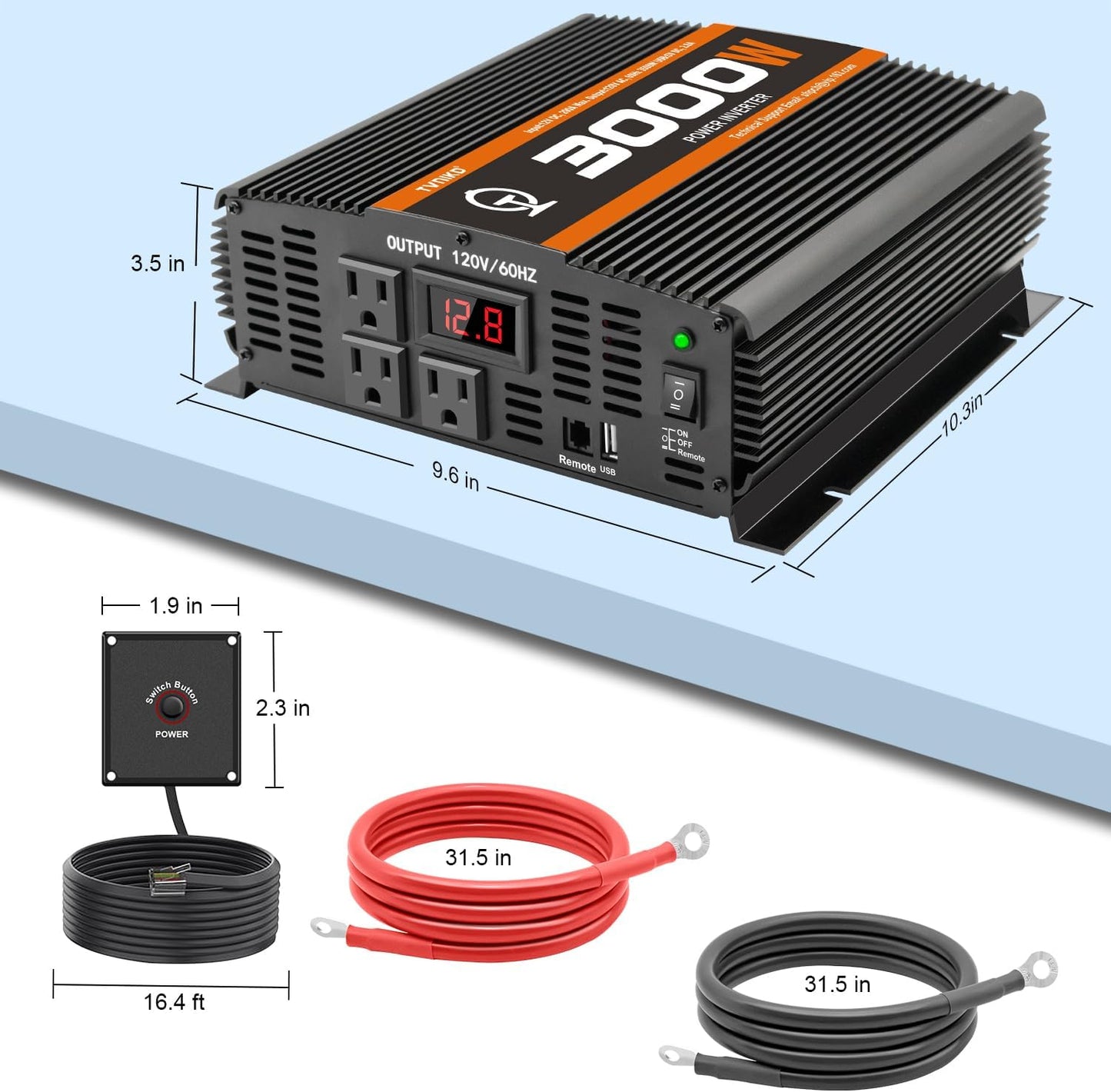 3000 Watt car Power Inverter 12V to 110V /120V for RV semi Trucks Vehicles Power Converter with with 1 USB Ports and 3 AC Outlet- 3000W Inverter
