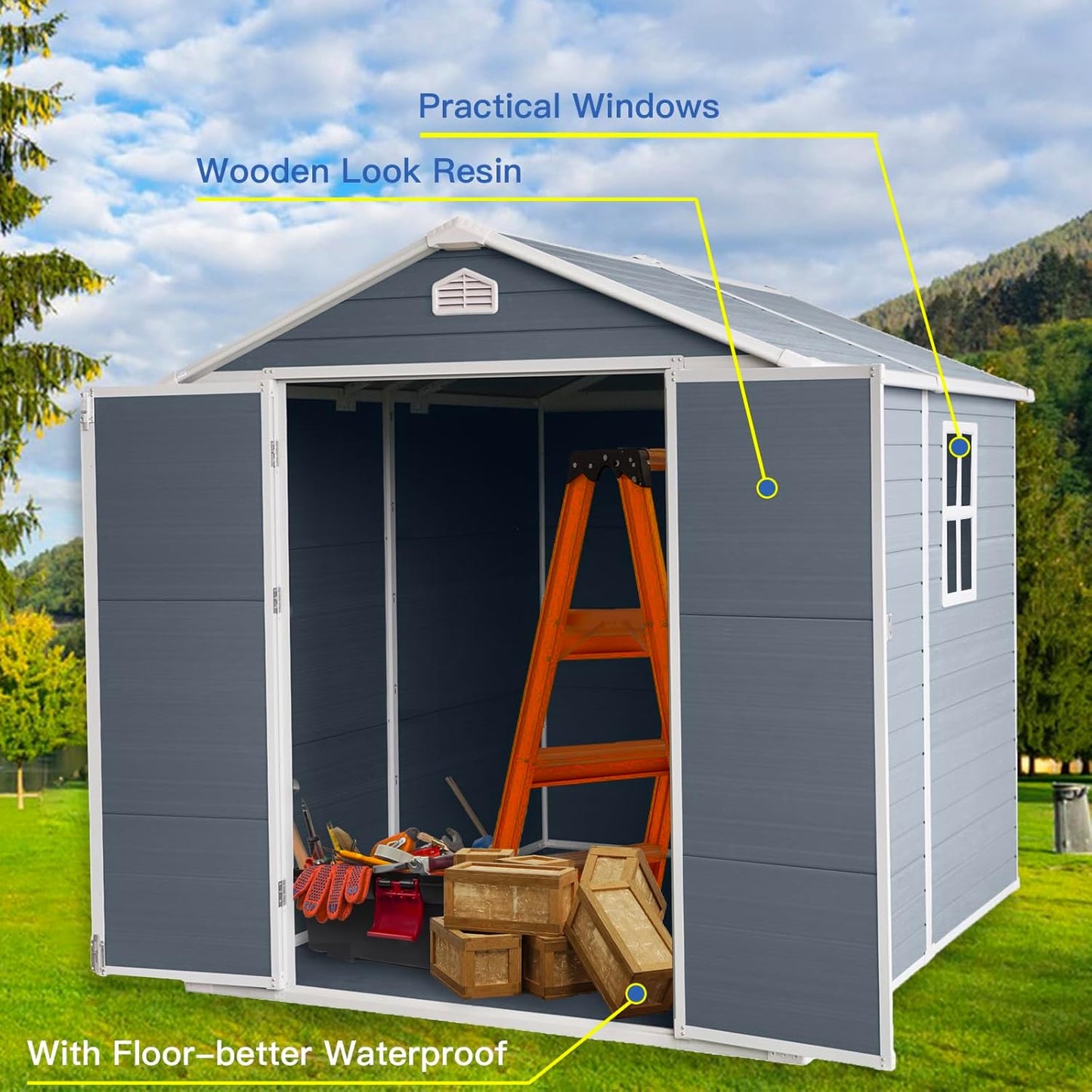 6x8 FT Outdoor Storage Shed, Resin Garden Shed with Thick Floor, Plastic Storage Shed with Window, Waterproof Outside Tool Shed with Lockable Hinged Doors for Backyard, Patio, Lawn, Light Gray
