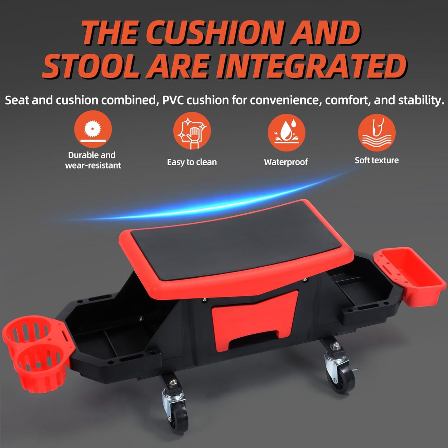 YITAHOME Detailing Stool with Wheels, Mechanics Seat With 2 Removable Trays and Drawer, Heavy Duty Rolling Garage Stool 330 LBS Capacity, Rolling Tool Seat for Automotive Auto Repair Car Wash Upgraded