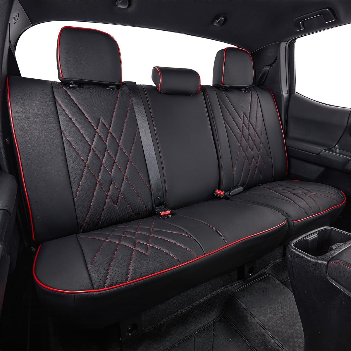 EKR Custom Fit Tacoma Rear Car Seat Covers for Select Toyota Tacoma (Petrol) 2024 2025 Double cab SR,SR5,TRD Sport,TRD Off-Road,Limited - Second Row Only,Leather (Black with Red Trim)