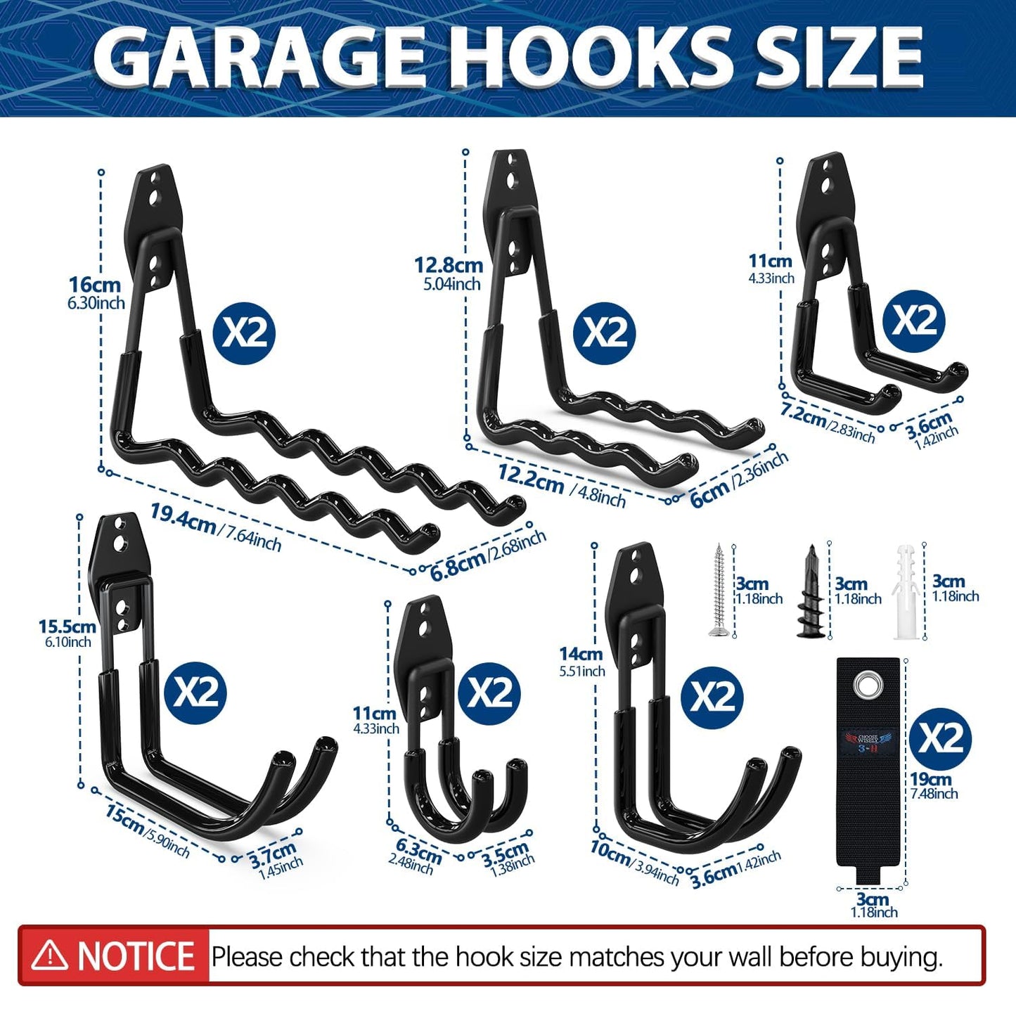 3-H Garage Wall Hooks 42 Pack, Heavy Duty Garage Hooks with Extra Welding Spots, Wall Mount Storage Organizer for Hanging Garden Lawn Tools, Ladder, Bike, WeedEater, Chair, Shovel, Blower (Black)