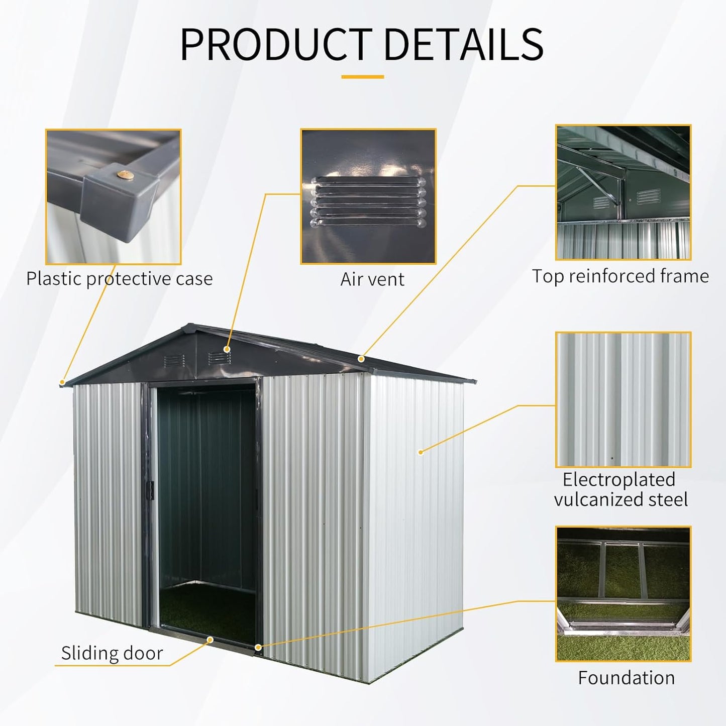 4x8 FT Outdoor Storage Shed, Metal Garden Shed with Frame Floor, Outside Tool Shed with Lockable Sliding Doors, Waterproof Storage Building with Sloped Roof for Backyard, Patio, Lawn, White+Black
