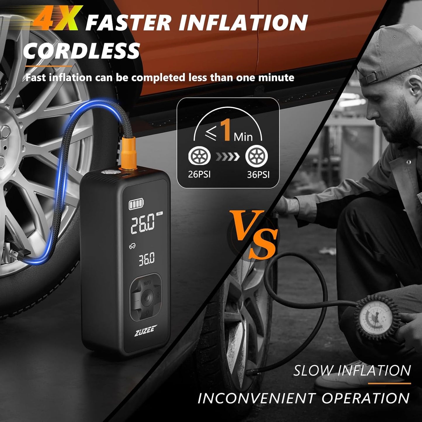 Tire Inflator Portable Air Compressor - 4X Faster Inflation, 150PSI Air Pump for Car Tires with Digital Pressure Gauge/LED Light, 20000mAh Portable Tire Inflator for Car, Moto, Bike, Ball, etc(Black)