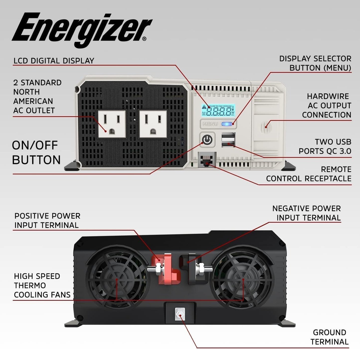 Energizer 3000W Pure Sine Wave Inverter 12V DC to 120V AC Converter for RV, Truck, Off-Grid Solar Power Inverter 12V to 110V W/QC 3.0A Each USB Port, AC Hardwire Port, Remote Cables Fuse Included