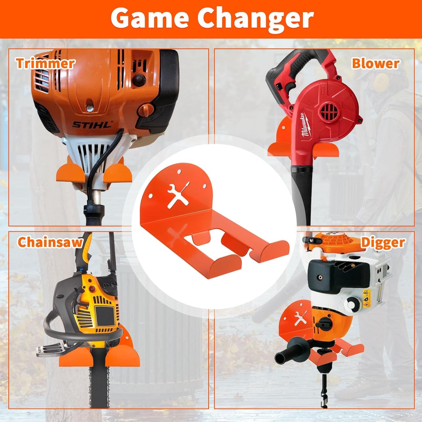 Upgraded Trimmer Rack Wall Mount - 8" Heavy Duty Weed Eater Hanger for Garage Wall Bracket, Garden Power Tool Holder Organizer Hooks for Grass Trimmer, Hedge Trimmer, Leaf Blower and Chainsaw, 1 Pack