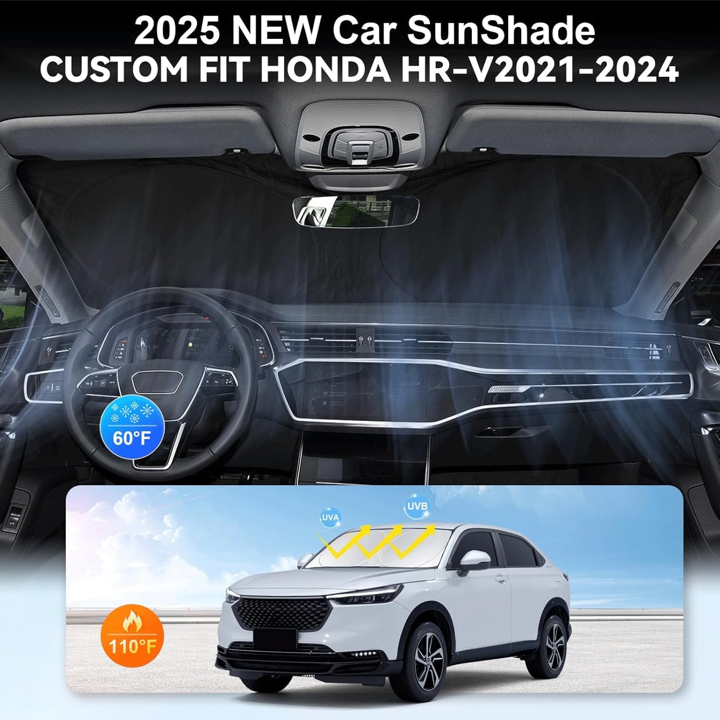 Custom Fit HR-V Windshield Sunshade for 2021 2022 2023 2024 2025 2026 HR-V (LX Sport EX EX-L) Accessories Front Window Cover for Windshield Sun Visor Protector 210T Reflective Blocks UV Keep Cool