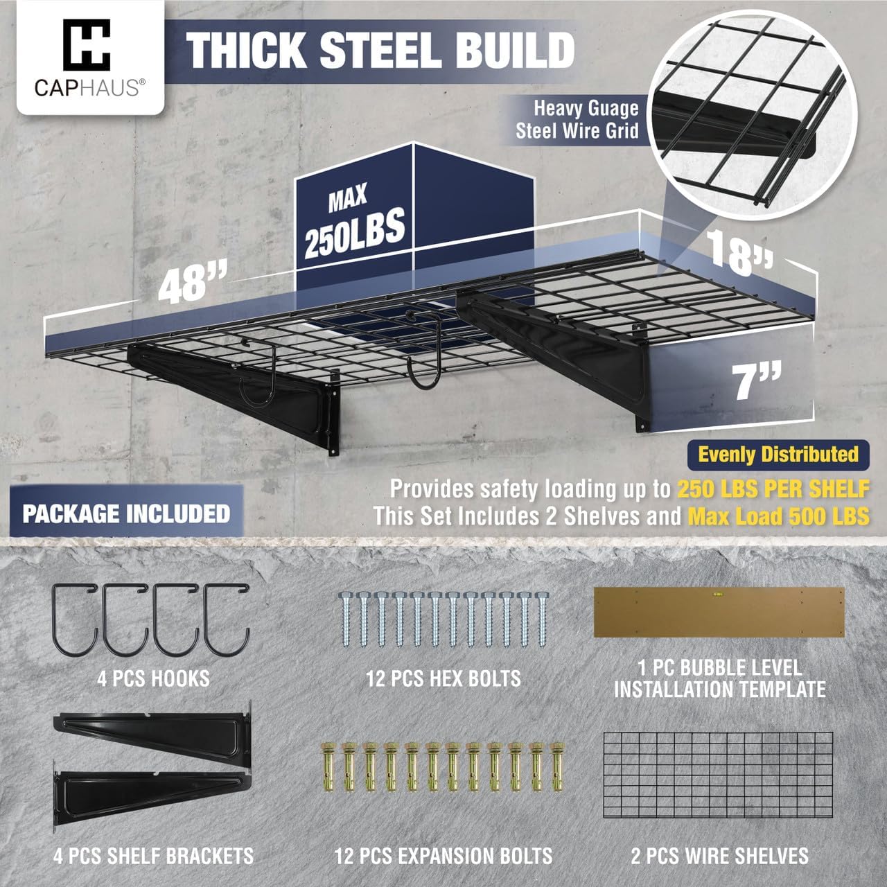 Fencer Wire 48 in. W x 18 in. D Wall Mounted Garage Wall Shelving w/ 2 Hooks, Black Wall Shelf, Heavy Duty Garage Wall Storage System, Garage Organizer Floating Shelves, 500lb Weight Capacity