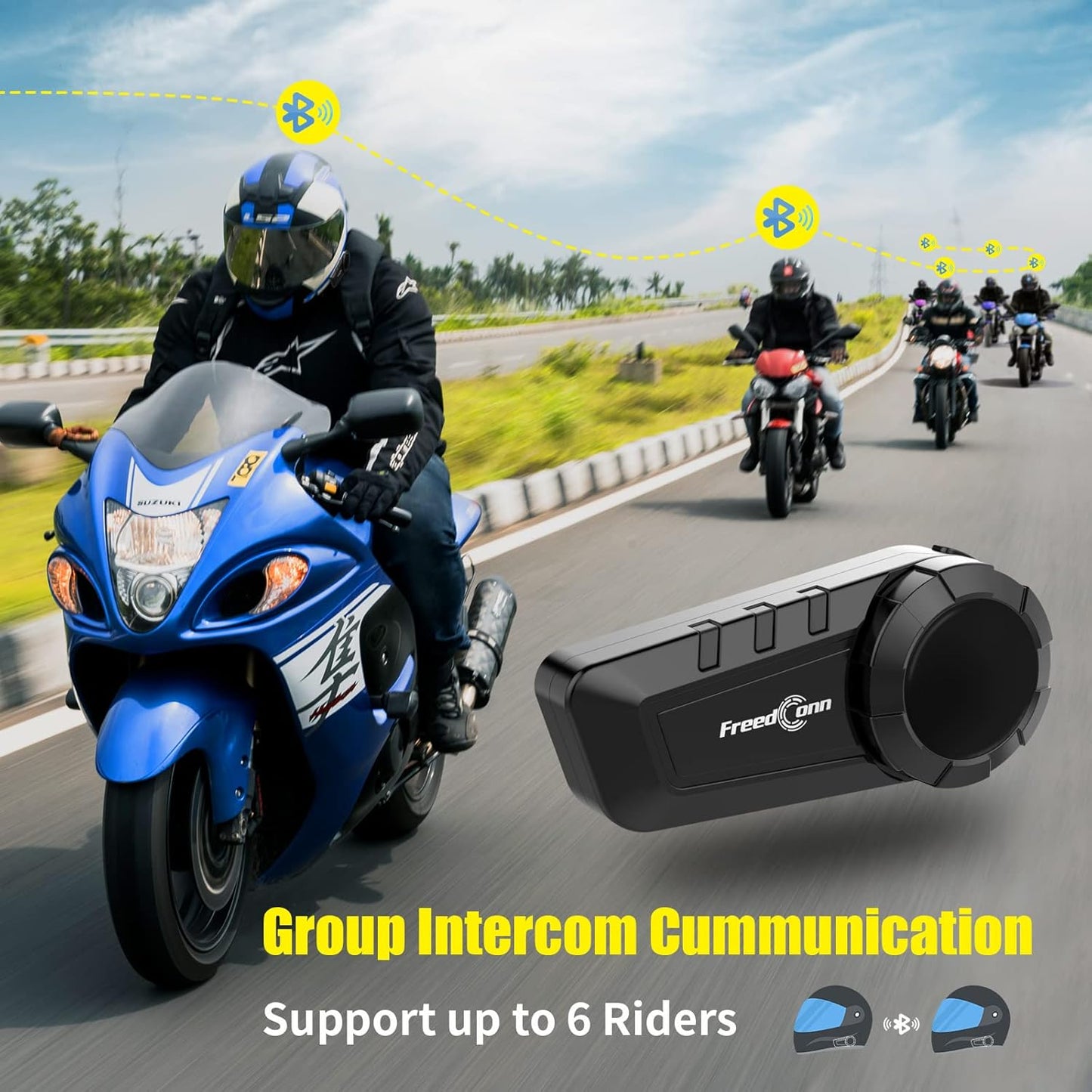 FreedConn KY PRO Motorcycle Helmet Bluetooth Headset, Motorcycle Communication Systems with CVC Noise Cancellation, Stereo Music, 6 Riders 0.75mi/1200m intercom, Dual Device Connection, IP65, 2 Pack