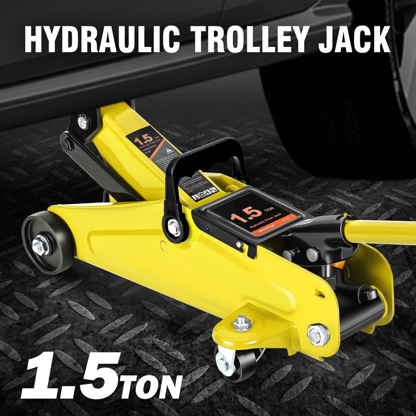 DNA MOTORING Low Profile Hydraulic Trolley Service/Floor Jack, 1.5 Ton (3000 lbs) Capacity, Lifting Range 5.3"-12", Yellow, TOOLS-00326-YL