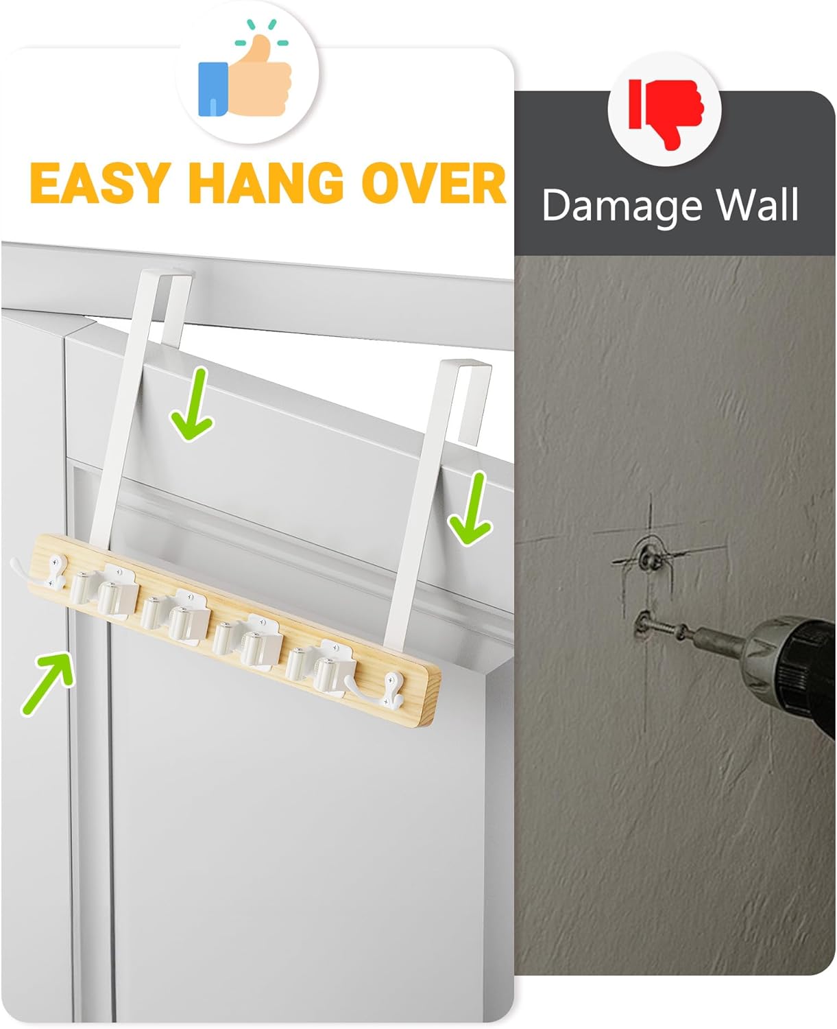 Lorbro Broom Holder Door Mount, Over the Door Broom and Mop Holder with 2 Over Door Hooks, Wood Broom Hanger, Tool Rack Organizer for Laundry, Garage, Closet, Kitchen Decor, 4 Slots & 4 Hooks Rustic