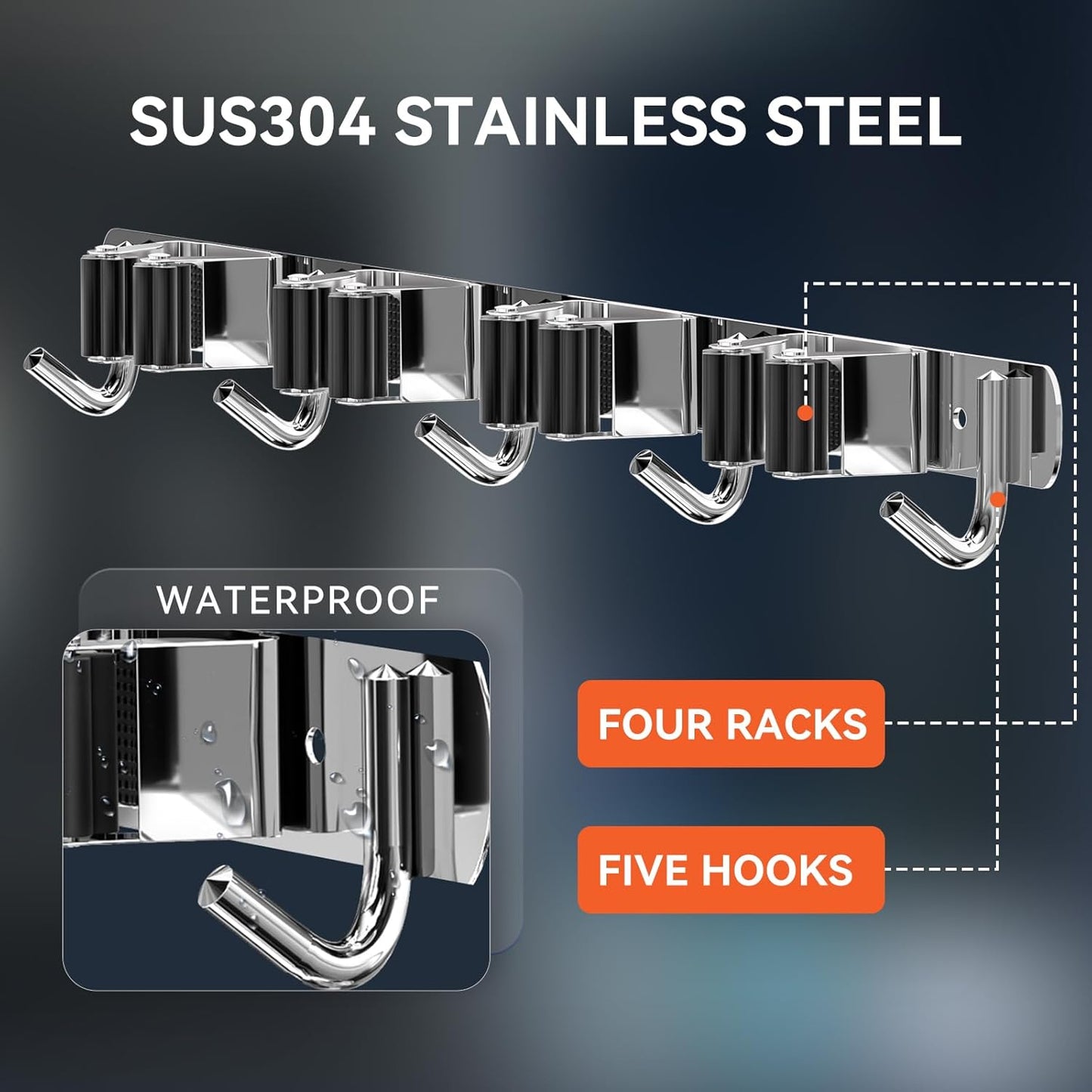 ZONGOOL 2 Pack Mop Broom Holder Wall Mount, 4 Racks and 5 Hooks Broom Organizer Storage Tool Racks Stainless Steel Non-slip Wall Hanger for Home Kitchen Garden Laundry Garage (Silver)