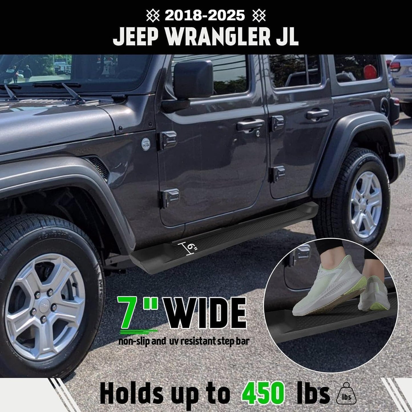 PZ 7" Running Boards Compatible with 2018-2025 Jeep Wrangler JL 4 Door, Matte Black Side Steps Nerf Bars