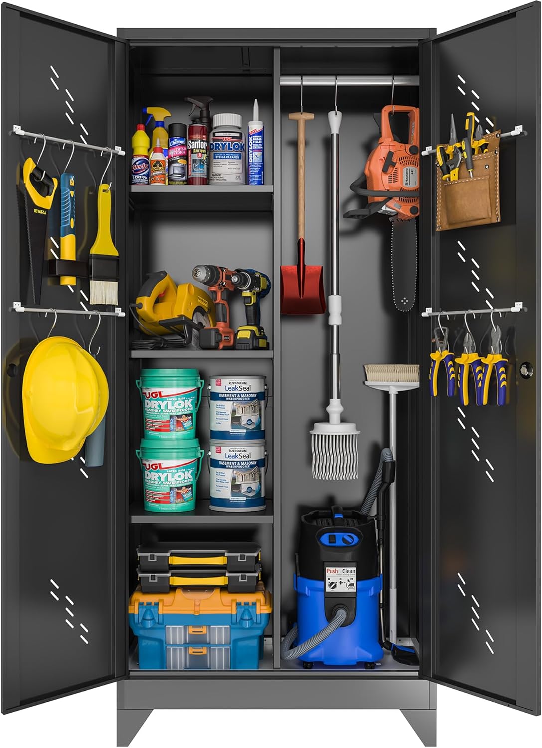 71" Metal Garage Tools Storage Cabinet with Doors and Shelves, Broom Tool Storage Filing Cabinets with Lock, Black Cleaning Supplies Organization Cabinet with Hanging Rod