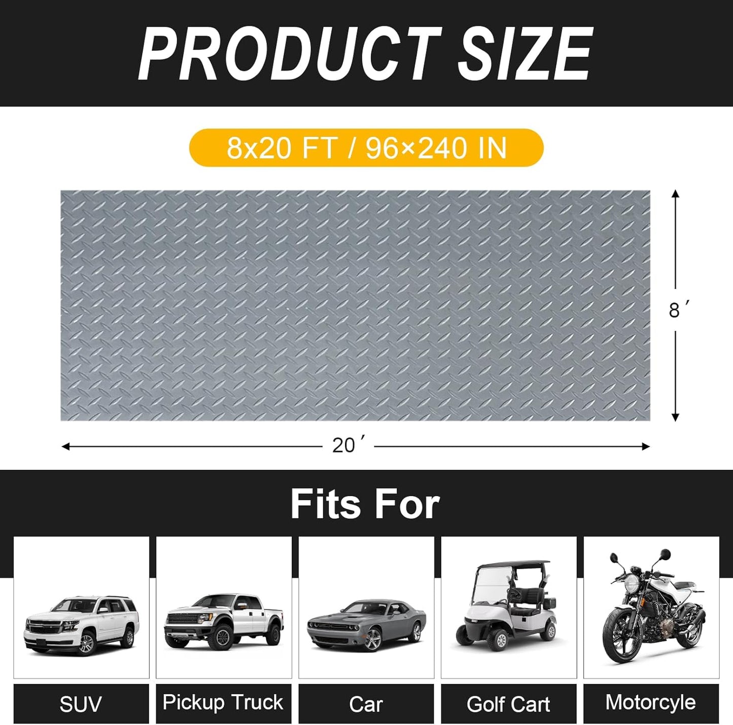 8x20 FT Garage Floor Mat, 2.8mm Thickened Flooring Roll Diamond Plate PVC Rubber Trailer Mat with 20Pcs Tapes, Non-Slip Floor Protector Mat for Garage, Warehouse, Gyms, Trailer, Gray
