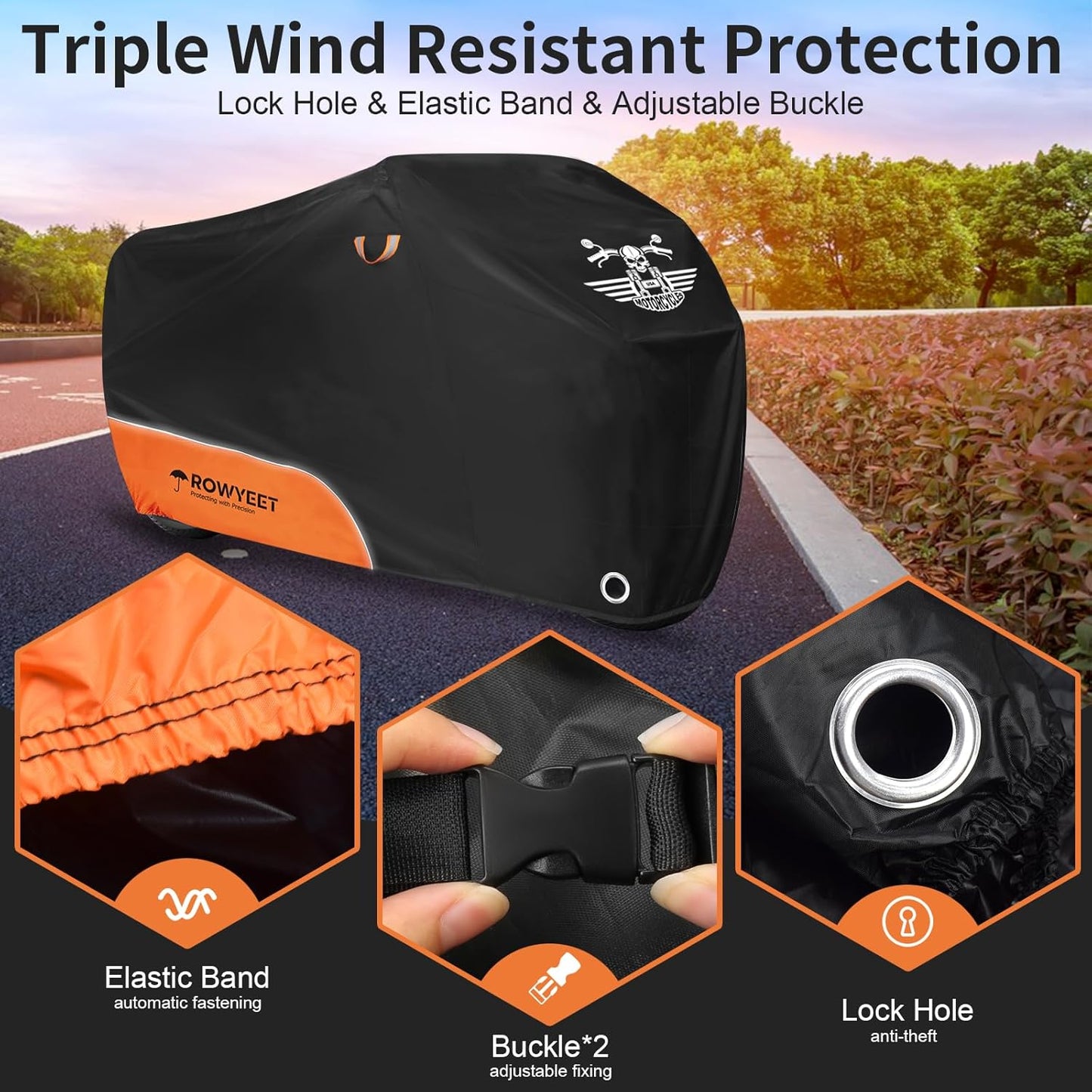 Motorcycle Cover Waterproof Outdoor Storage with Lock-Holes, Zipper Storage Bag & Night Reflective Design, All Season Protection Powersports Vehicle Covers Fits up to 104" Motorcycles