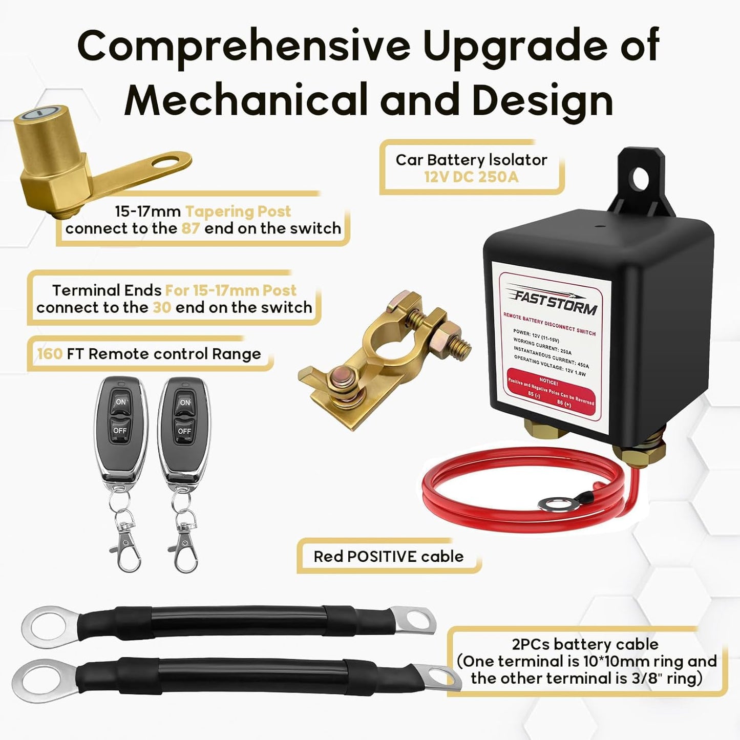 Car Remote Battery Disconnect Switch 12V, 250A Top Post Negative Battery Shut Off Switch Automotive Anti Theft Kill Switch Kit Upgrade Prevent Battery Drain for Truck, RV Auto, Boat
