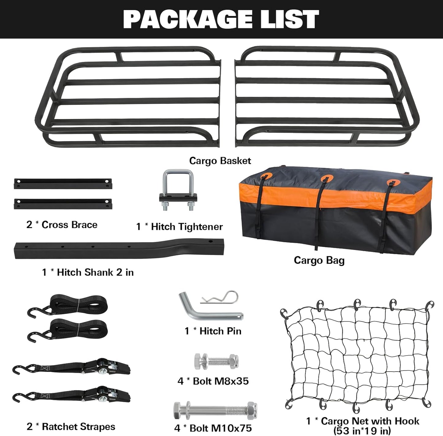 WEIZE Hitch Cargo Carrier for SUV, Truck - 53x19 Inches, 500LB Capacity, with Waterproof Bag, Net, Strap, Tightener, Powder Coated for Durability, Easy Installation, for Camping and Travel