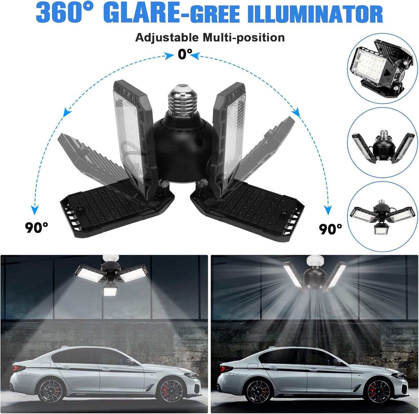 LED Garage Lights - 1 Pack, 80W, 8000LM 6500K Shop Light with 3 Deformable Panels, Basement Barn Light, E26/E27 for Shop, Warehouse, Basement